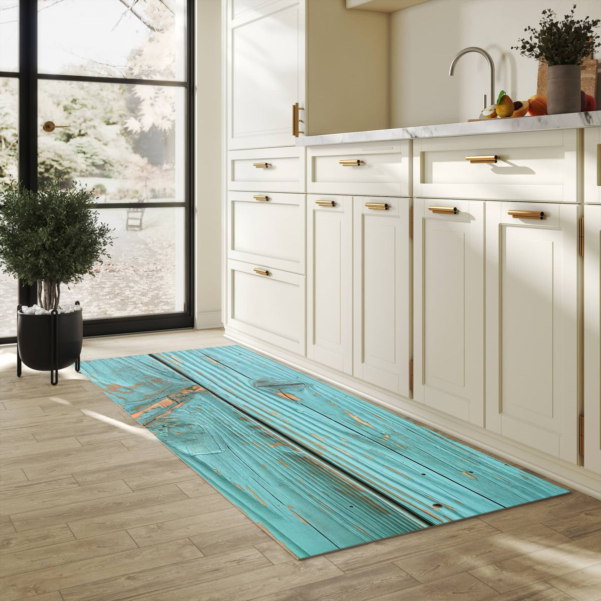 Pflegeleichter moderner Küchenläufer mit Motiv Holzbretter Vintage in heller Küche