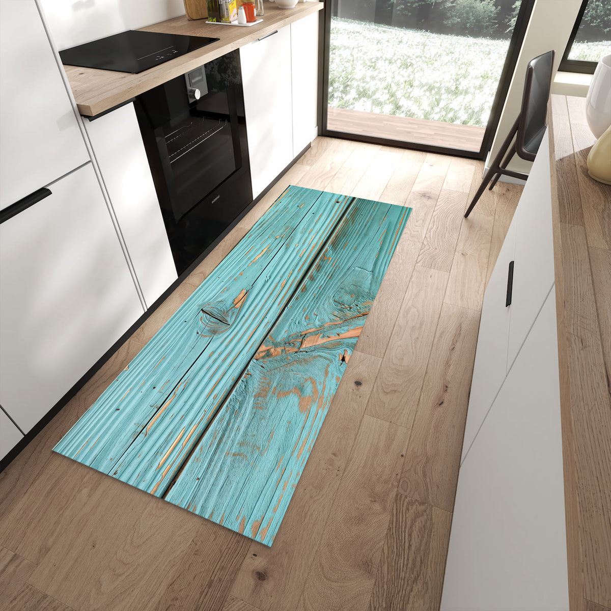 Komfortabler großer Küchenteppich mit Motiv Holzbretter Vintage in moderner Küche