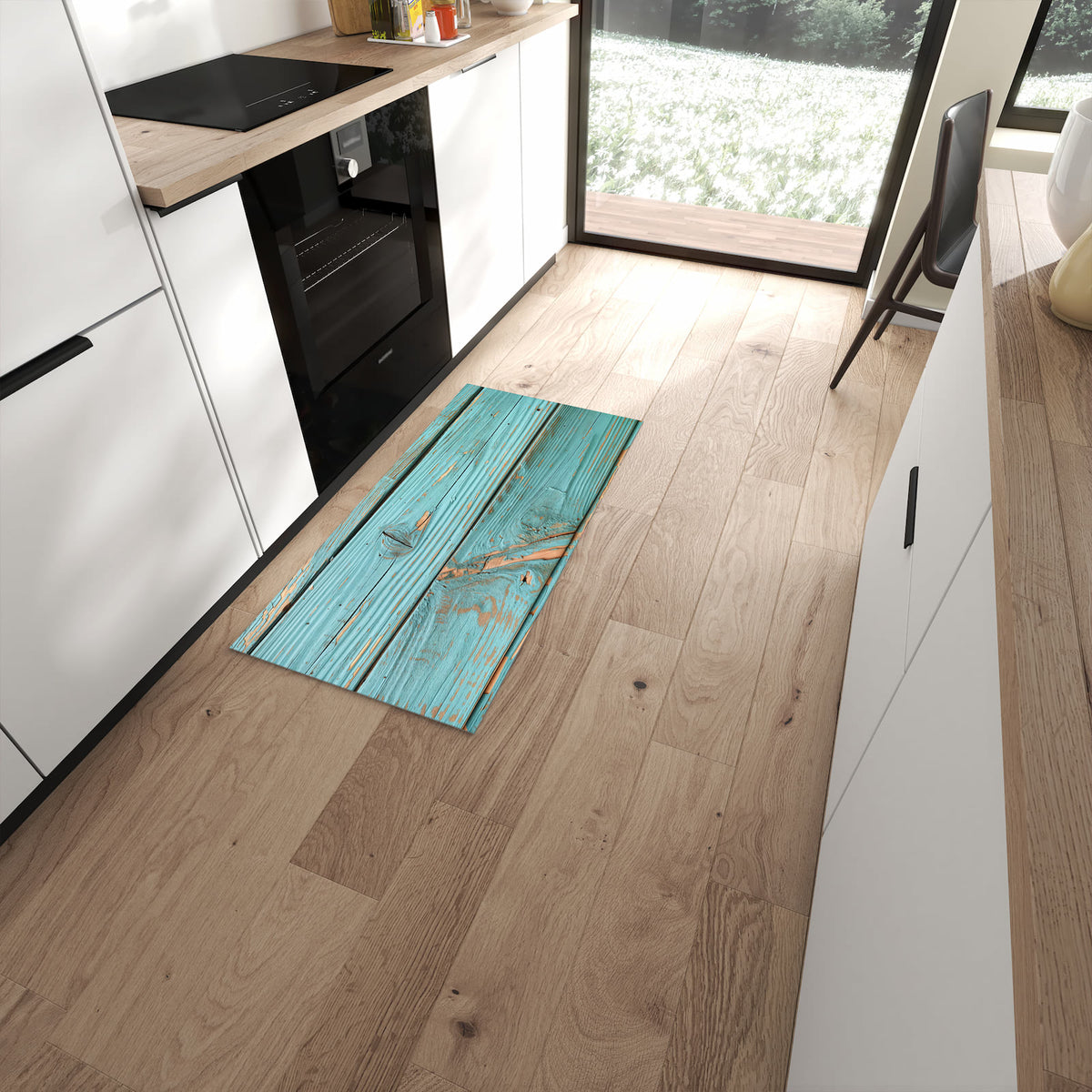 Wasserabweisender Küchenteppich mit Motiv Holzbretter Vintage in moderner Küche #grösse_60 x 120 cm