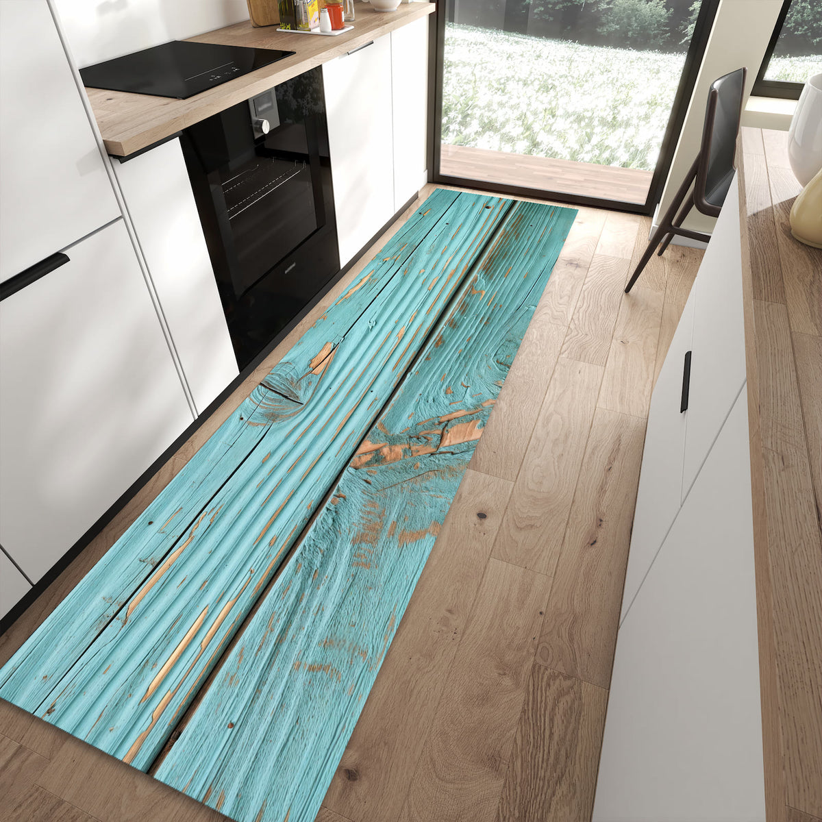 Küchenteppich mit Motiv Holzbretter Vintage für angenehme Haptik in moderner Küche
