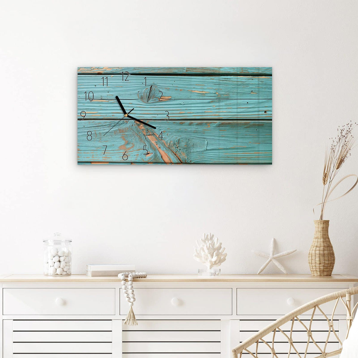 Wanduhr Holzbretter Vintage aus Glas – Querformat 60 × 30 cm – Türkise Holzbretter mit Patina