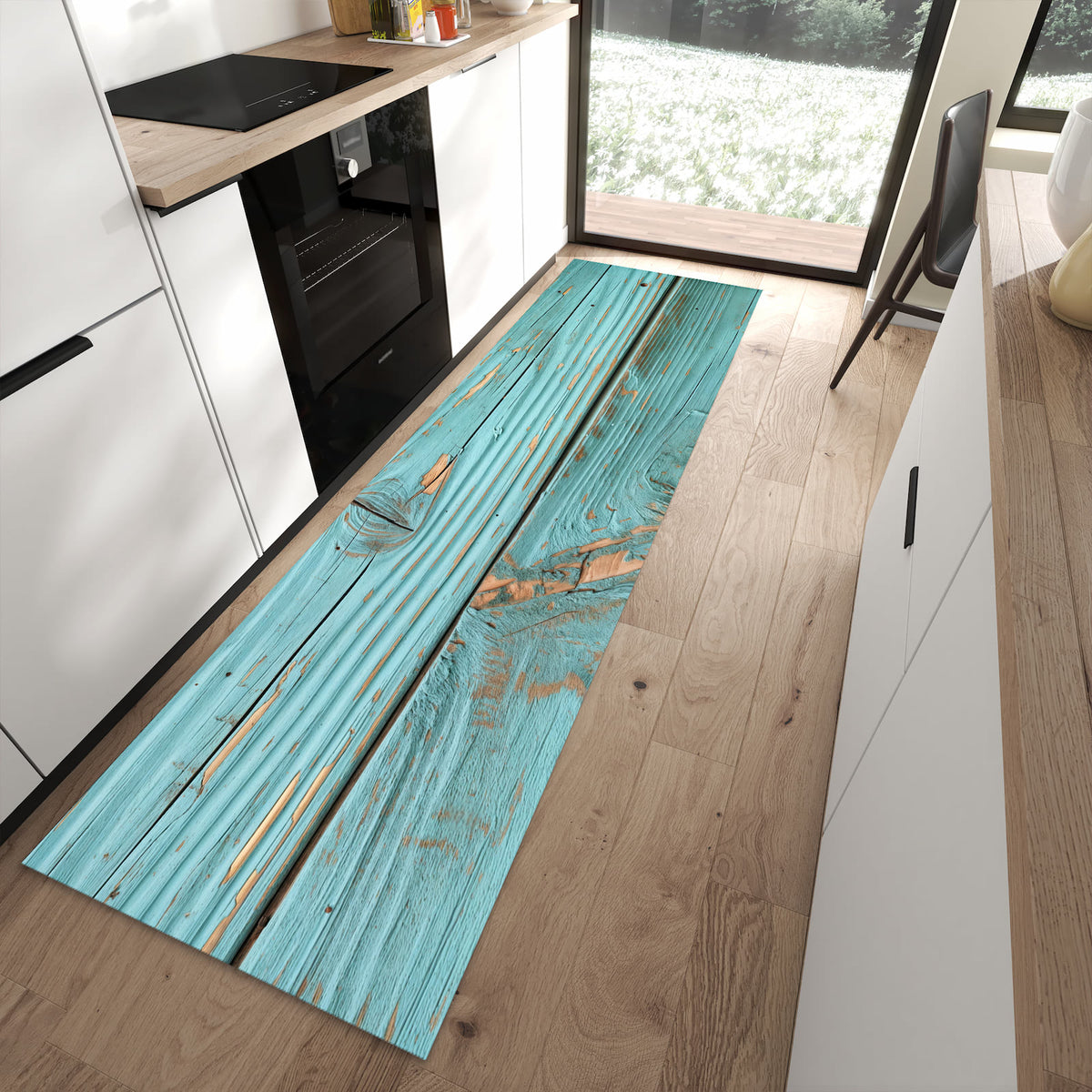 Waschbarer Küchenteppich mit Motiv Holzbretter Vintage in moderner Küche