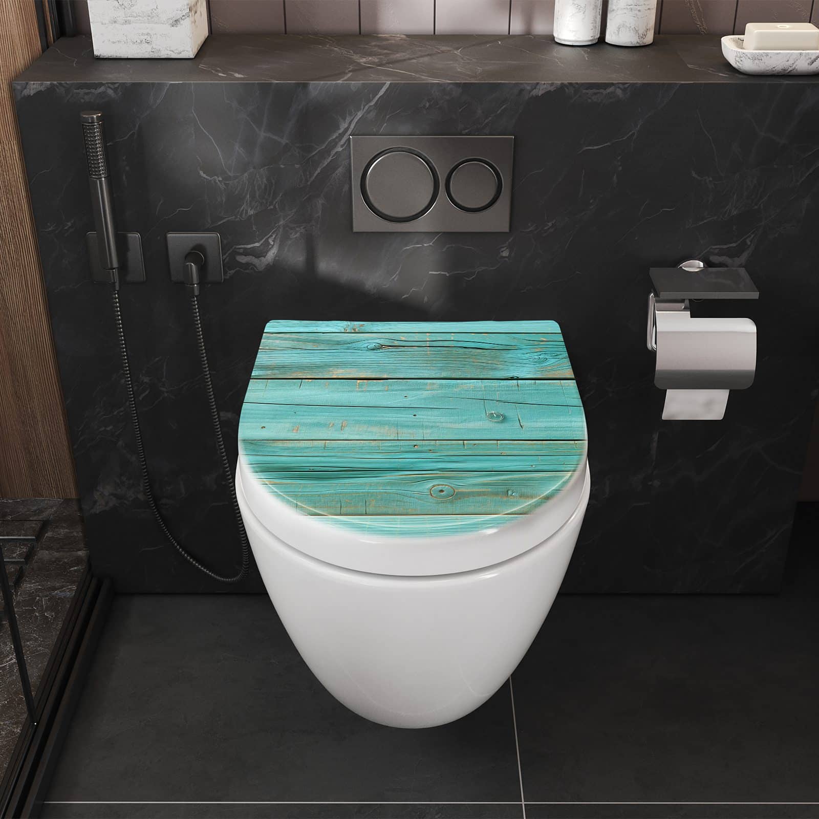WC-Sitz mit Absenkautomatik Holzplanken Türkis
