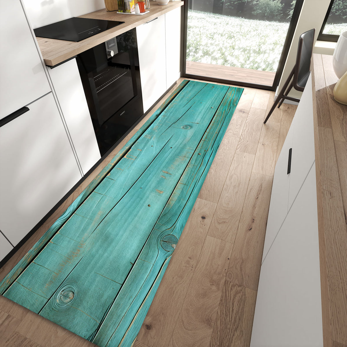 Abriebfester rutschfester Küchenteppich mit Motiv Holzplanken Türkis in moderner Küche