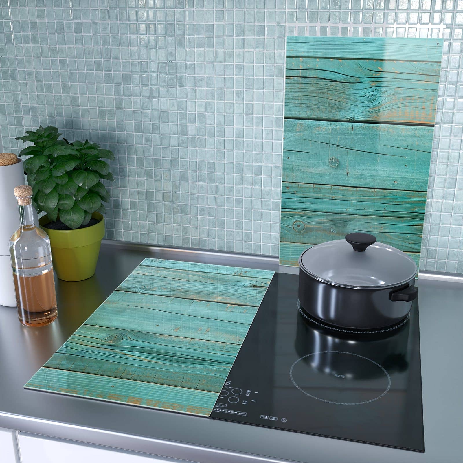 2-teilige Herdabdeckplatte aus Glas mit Holzplanken Türkis-Motiv als Spritzschutz hinter dem Kochfeld