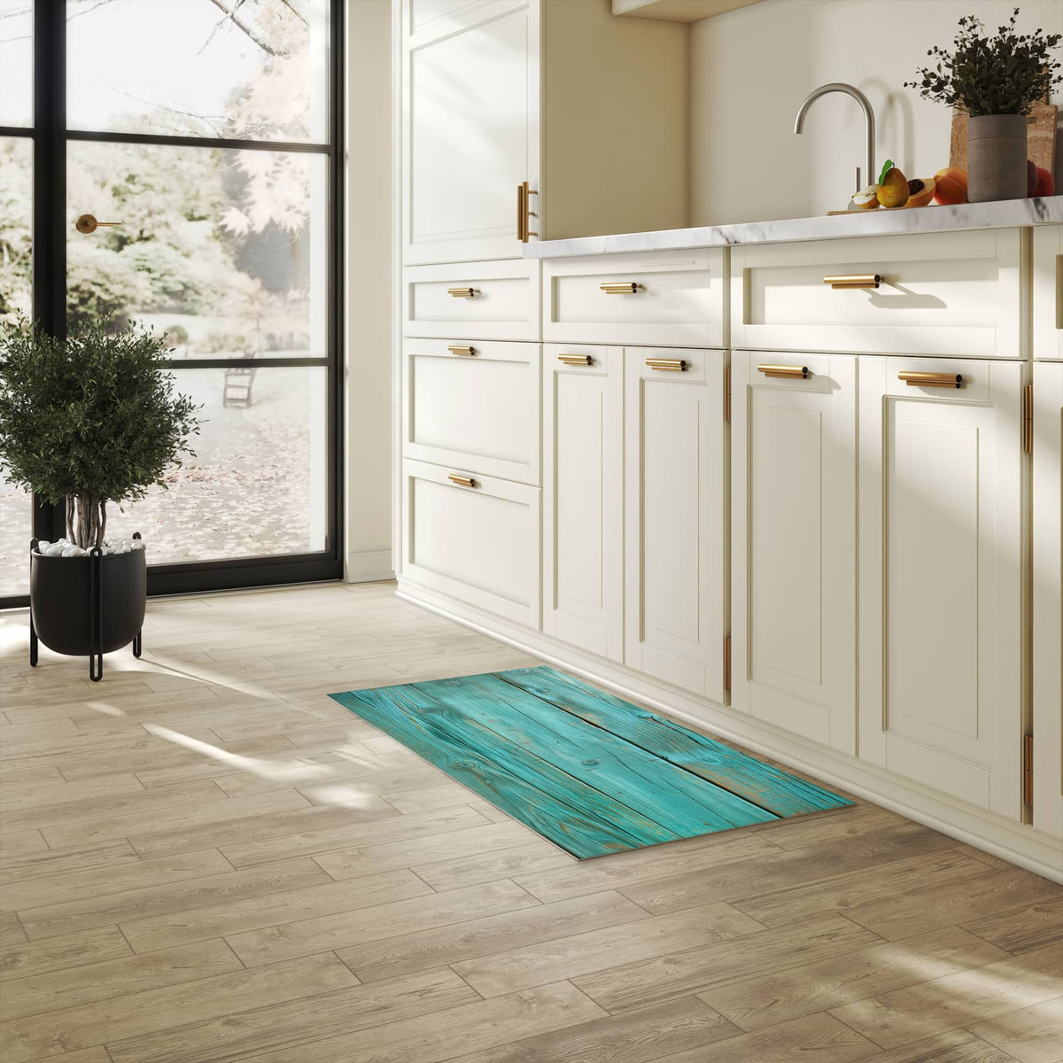 Rutschfester Küchenteppich mit Motiv Holzplanken Türkis in heller Küche, einfach zu reinigen