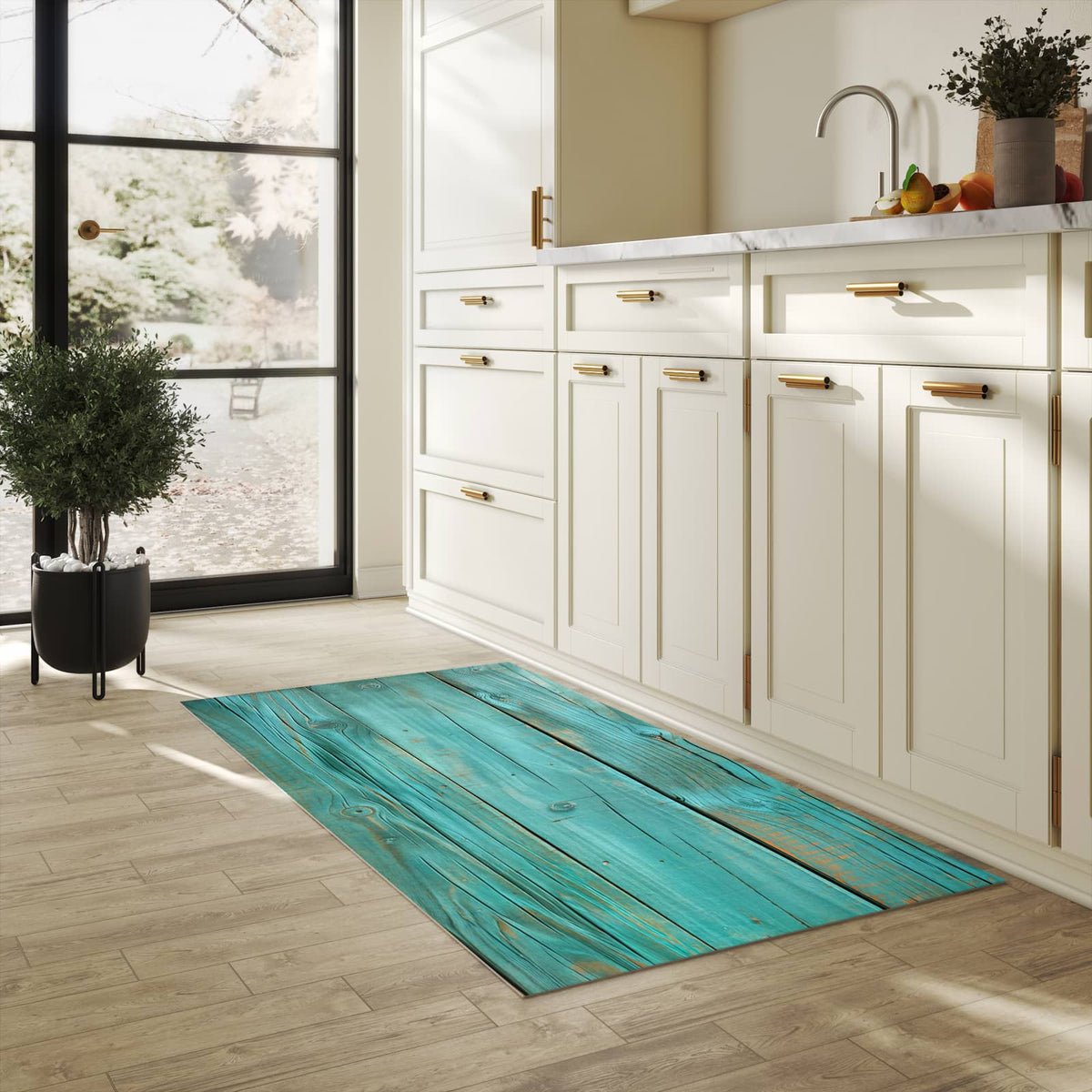 Farbbeständiger Küchenteppich mit Motiv Holzplanken Türkis in heller Küche