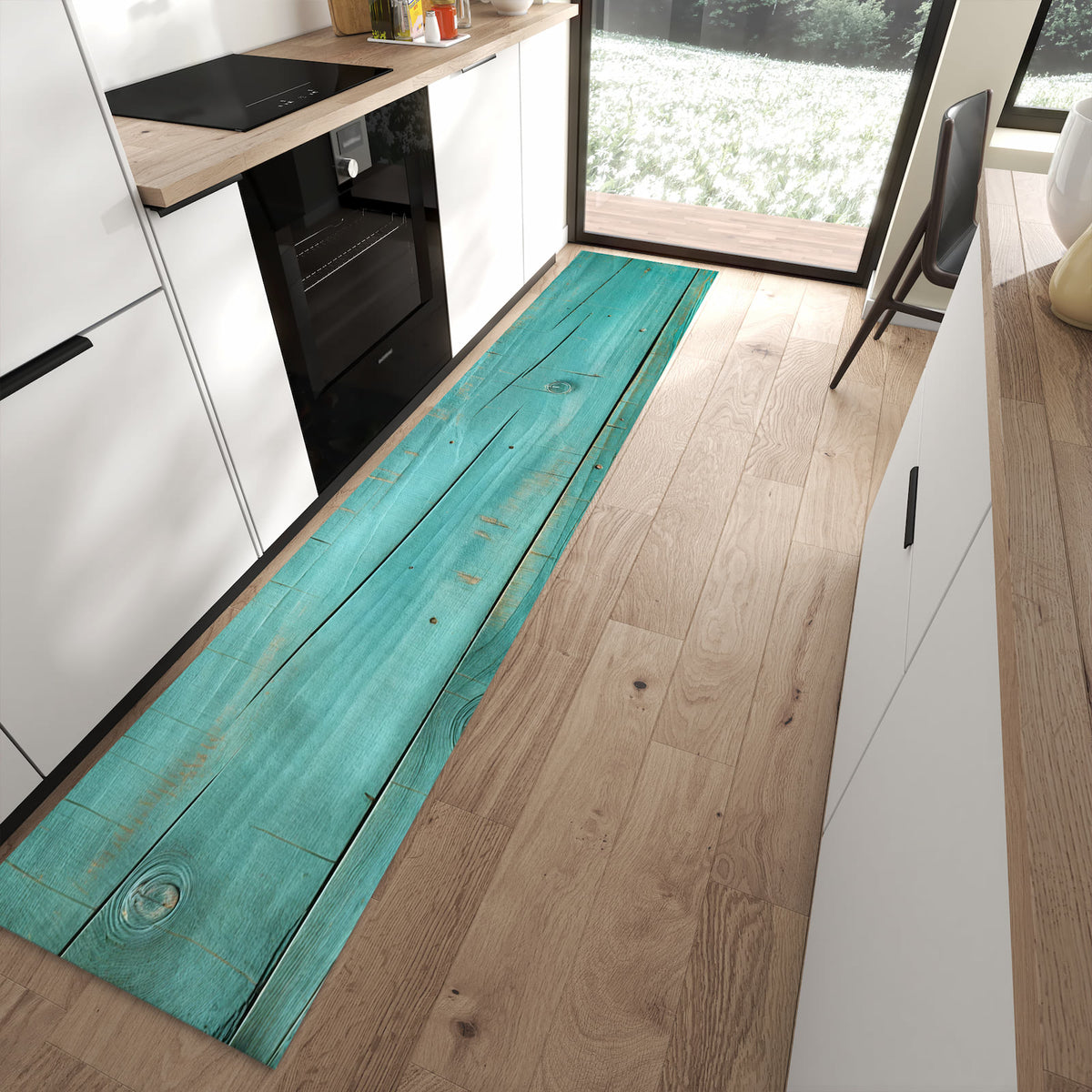 Farbbeständiger dünner Teppich mit Motiv Holzplanken Türkis in moderner Küche