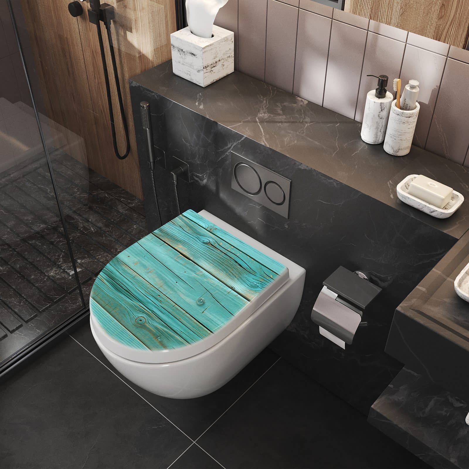 WC-Sitz mit Absenkautomatik Holzplanken Türkis