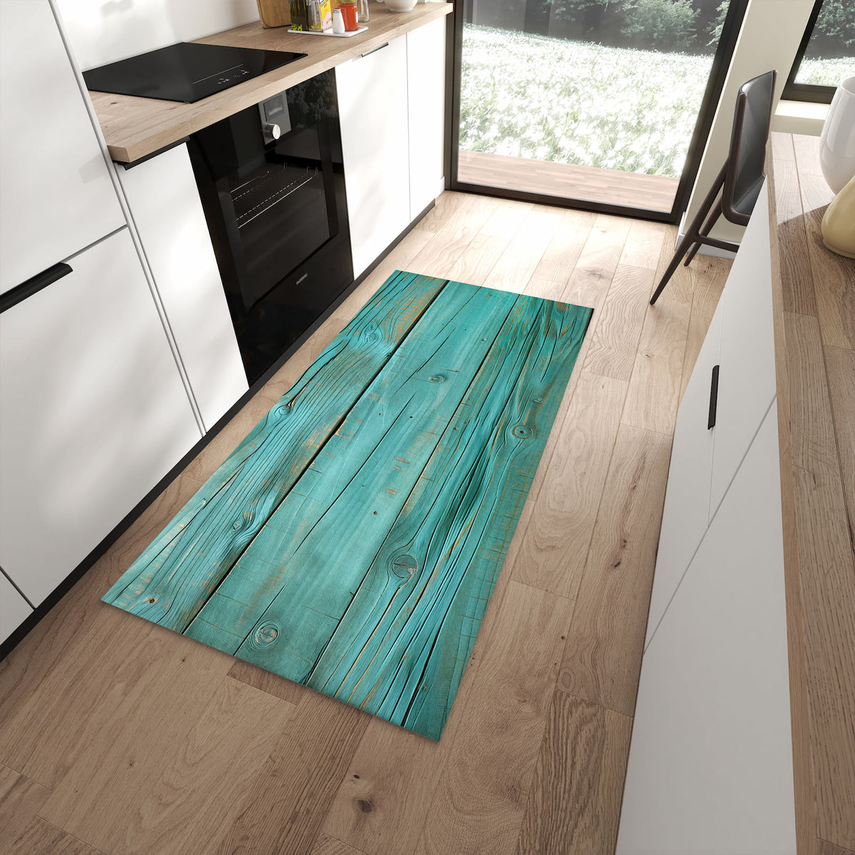 UV-beständiger Bodenläufer mit Motiv Holzplanken Türkis in moderner Küche
