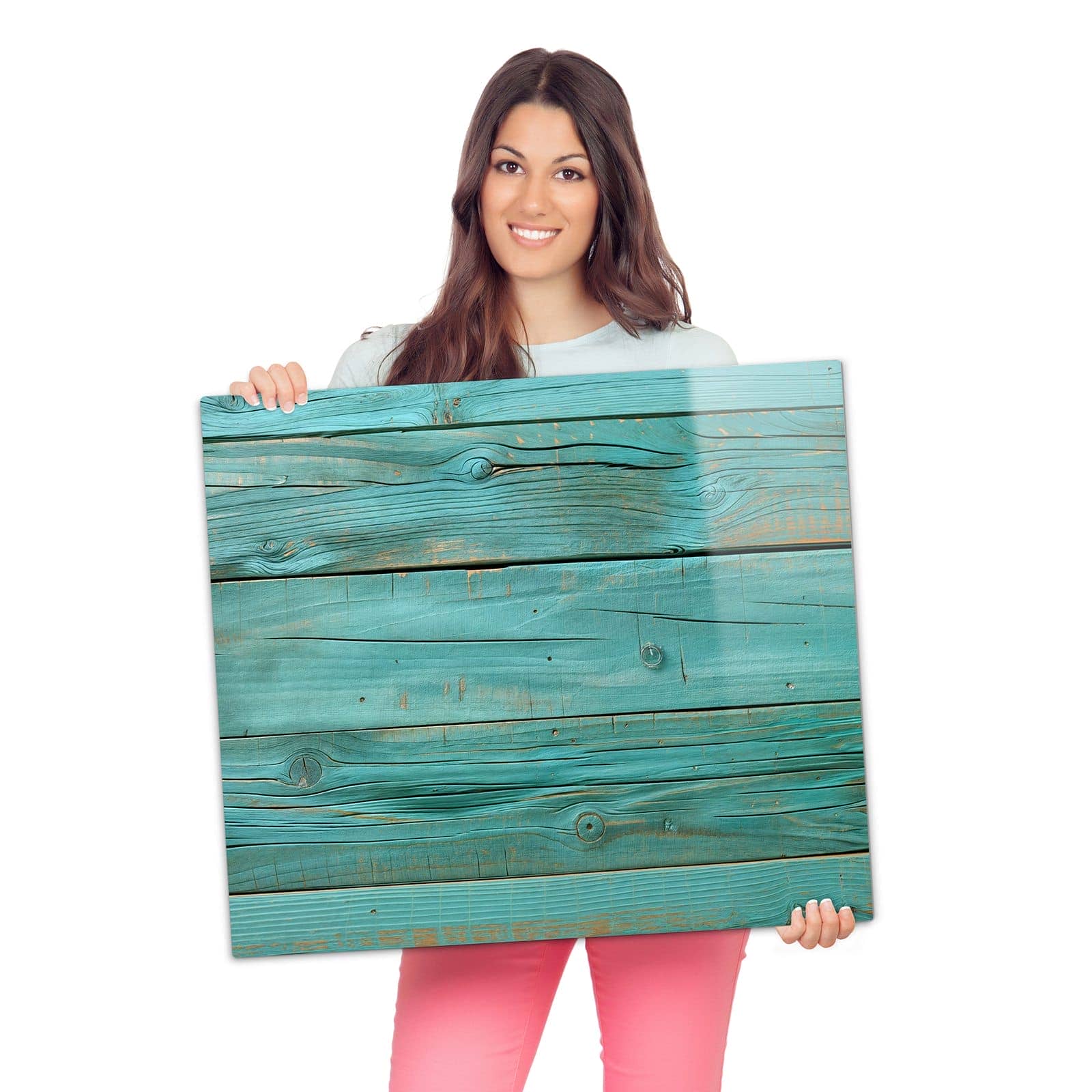 Herdschutzplatte mit Holzplanken Türkis-Motiv wird zur Größendarstellung gehalten