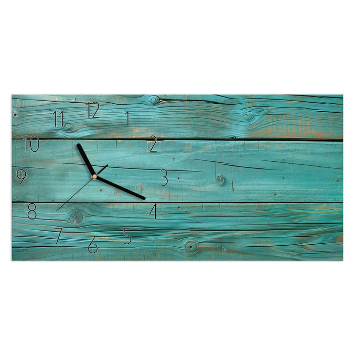 Wanduhr Holzplanken Türkis aus Glas – Querformat 60 × 30 cm mit Ziffernblatt Elegant
