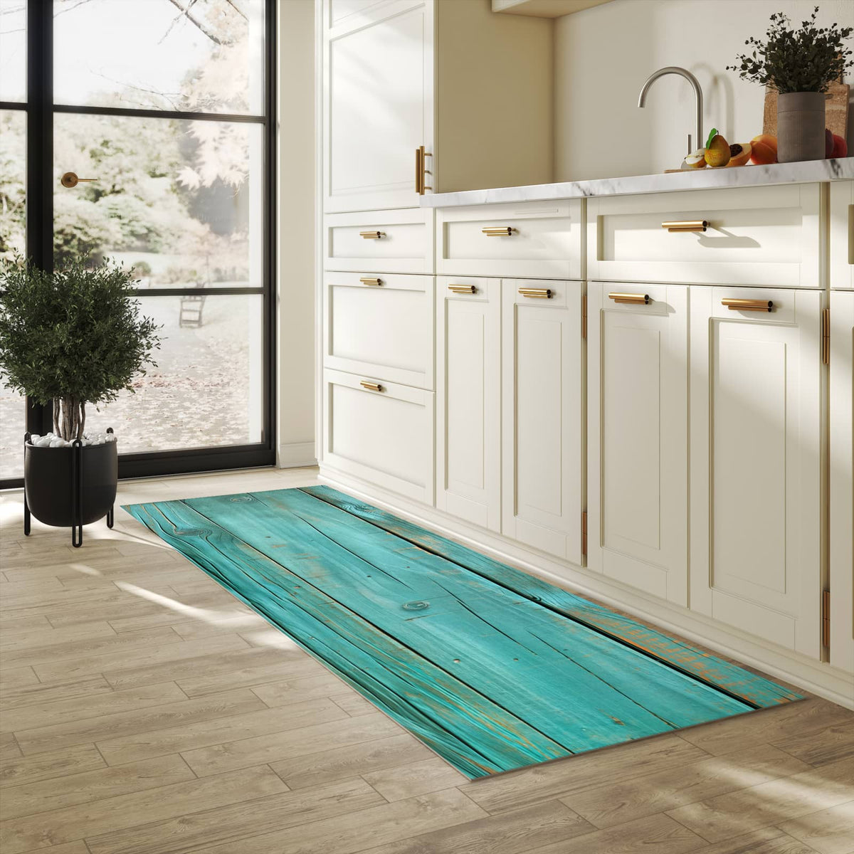 Bodenschonender Küchenteppich mit Motiv Holzplanken Türkis in heller Küche