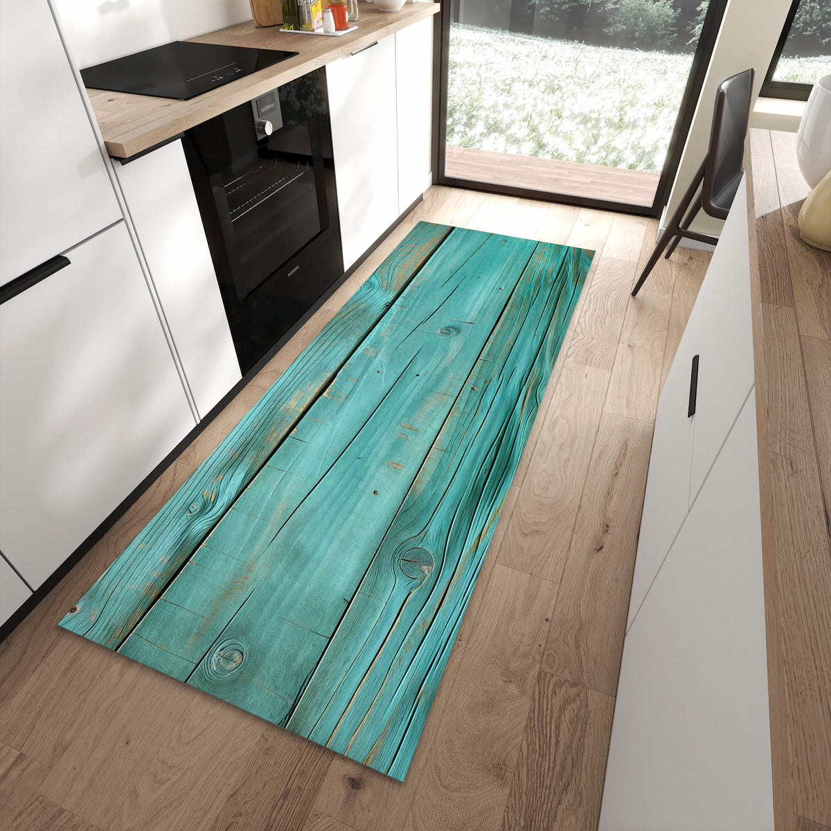 Komfortabler Bodenläufer-Teppich mit Motiv Holzplanken Türkis in moderner Küche