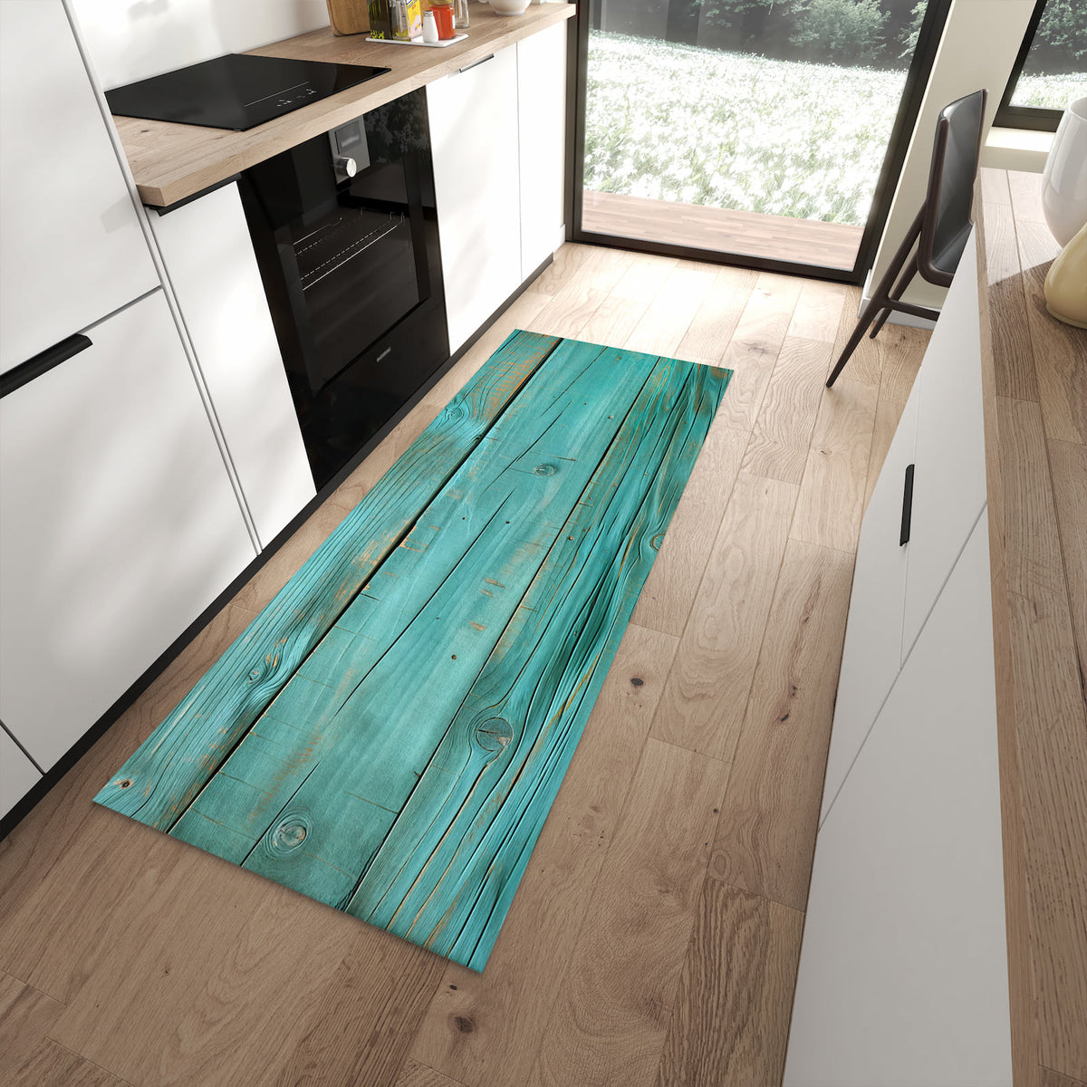 Waschbarer Küchenteppich mit Motiv Holzplanken Türkis in moderner Küche für sichere Aufbewahrung