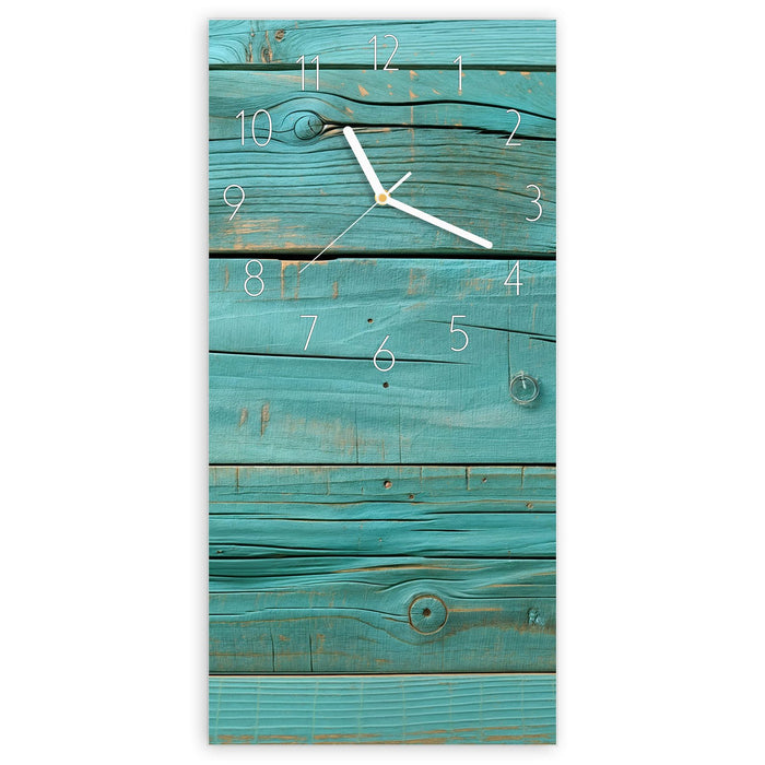 Wanduhr Holzplanken Türkis aus Glas – Hochformat 30 × 60 cm mit Ziffernblatt Elegant