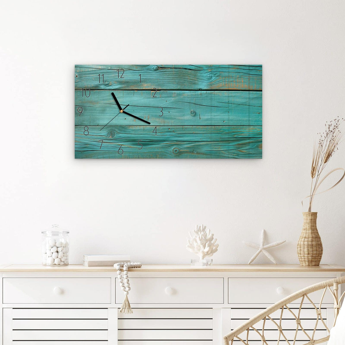 Wanduhr Holzplanken Türkis aus Glas – Querformat 60 × 30 cm – Türkise Holzplanken mit Jahresringen