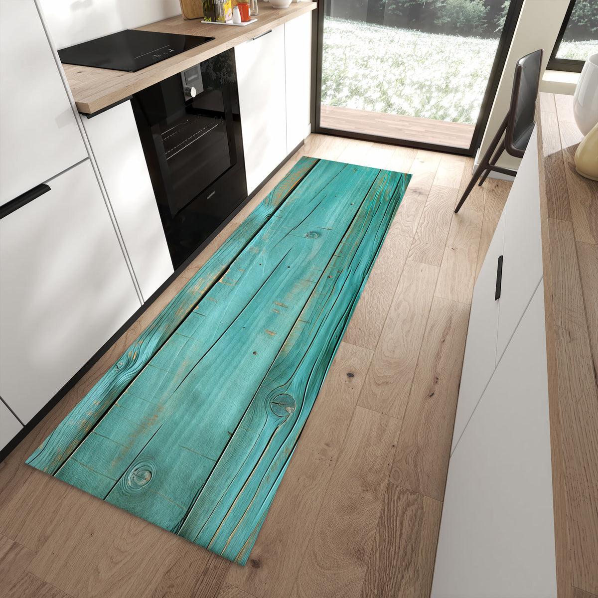 Waschbarer Teppich fürs Esszimmer mit Motiv Holzplanken Türkis in moderner Küche