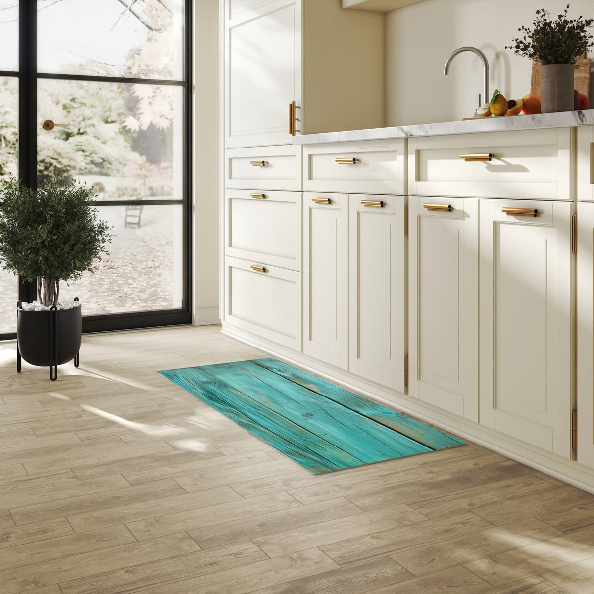 Dünner waschbarer Küchenteppich mit Motiv Holzplanken Türkis für angenehme Haptik in heller Küche