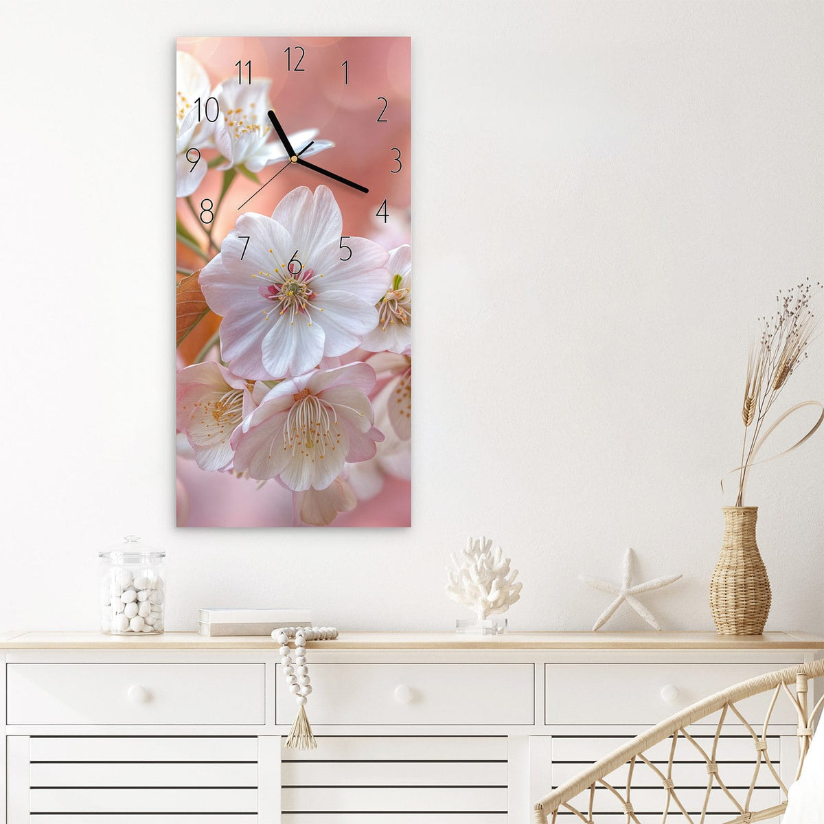 Wanduhr Üppige Blütenpracht aus Glas – Kirschblüten im warmen Bokeh
