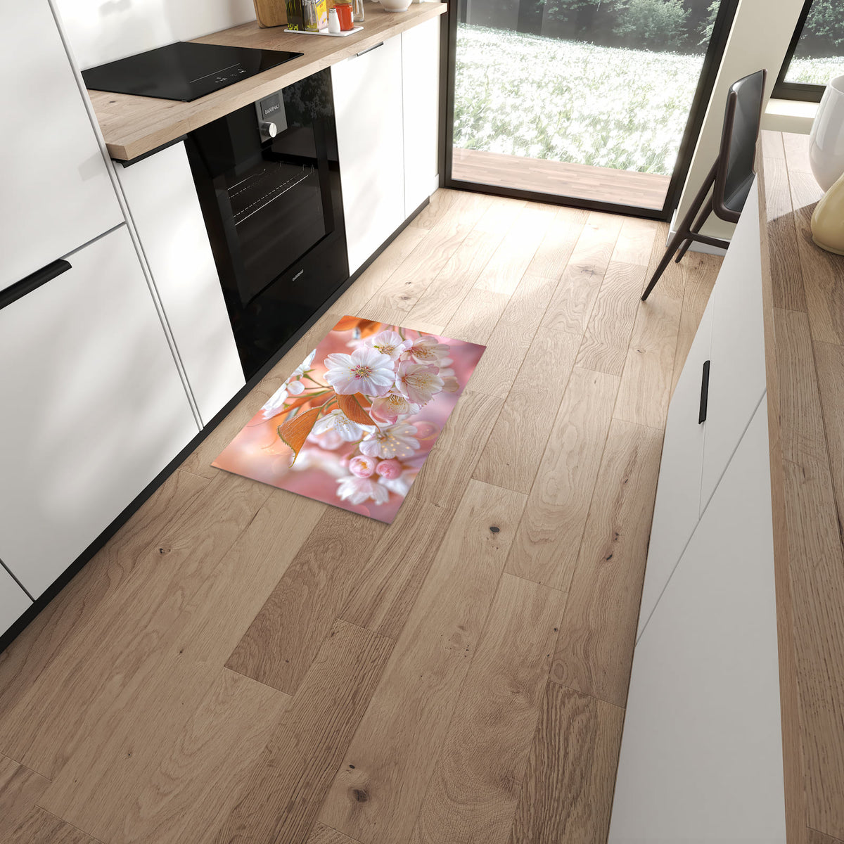 Rutschfester Küchenläufer mit Motiv Blühende Blüten in moderner Küche
