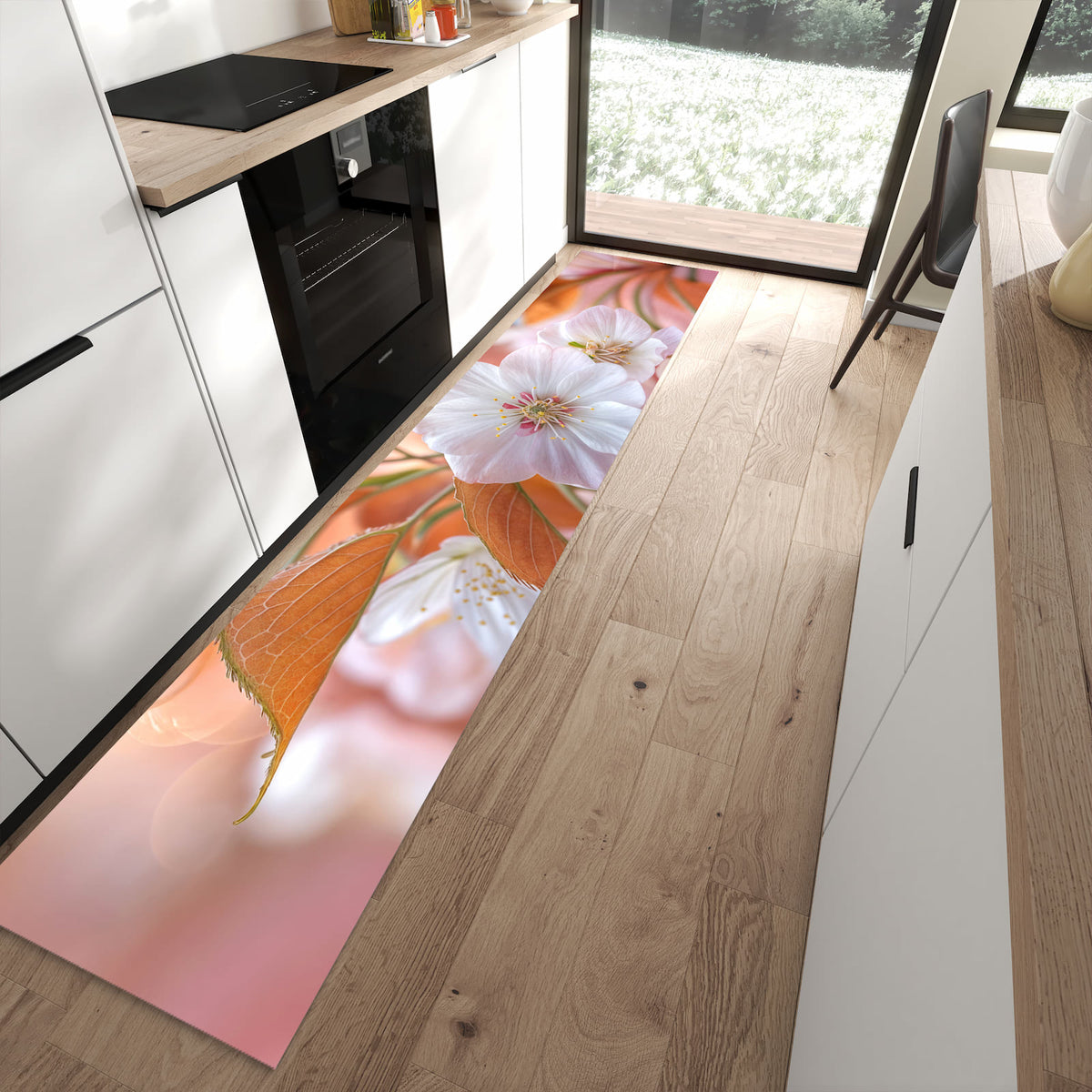 Komfortabler Küchenläufer mit Motiv Blühende Blüten in moderner Küche