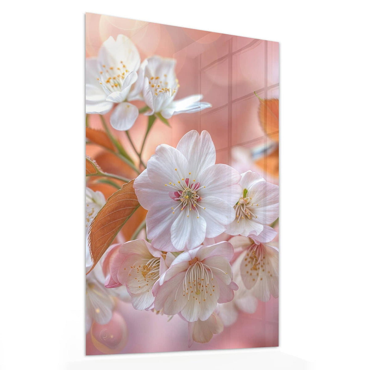 Glasbild Blüten mit Bronzelaub von der Seite, 4 mm Echtglas