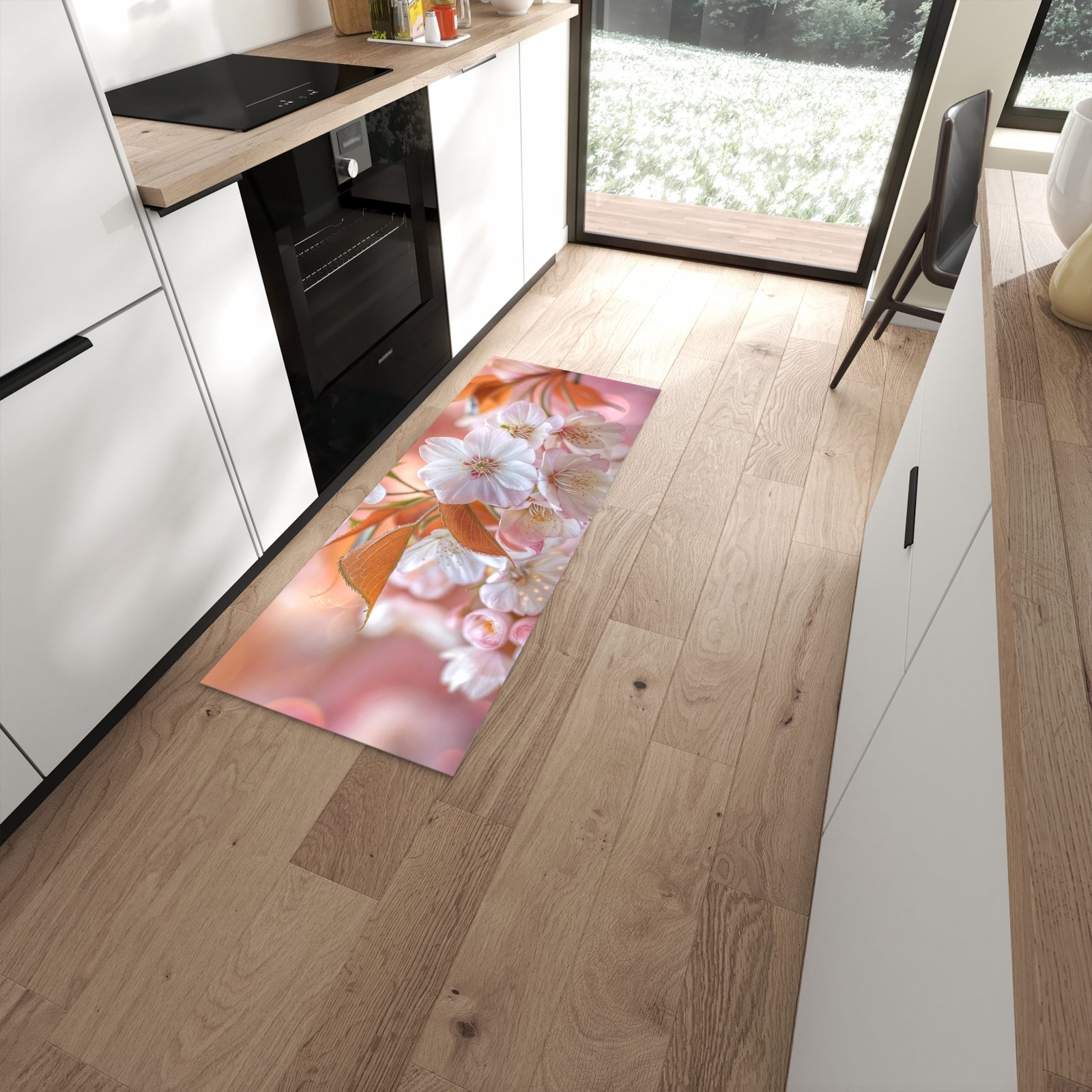 Geruchsneutraler Küchenteppich mit Motiv Blühende Blüten in moderner Küche #grösse_60 x 150 cm