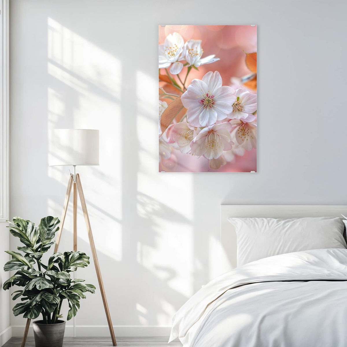 Glasbild Blüten mit Bronzelaub an der Wand – Weiße Kirschblüten mit bronzefarbenen jungen Blättern vor pfirsichfarbenem Bokeh.