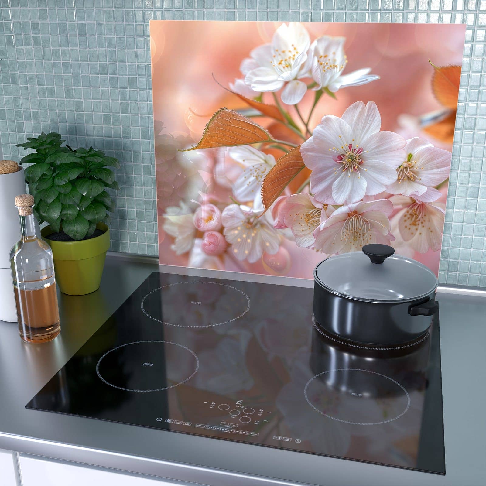 2-teilige Herdabdeckplatte mit Üppige Blütenpracht-Motiv auf dem Ceranfeld