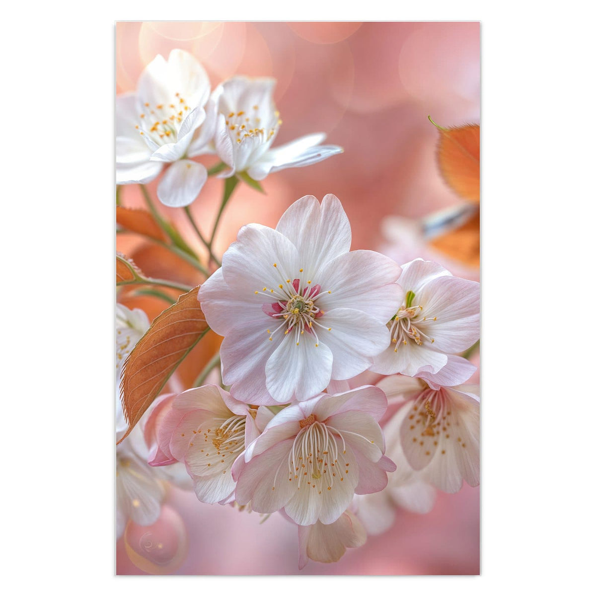 Weiße Kirschblüten mit bronzefarbenen jungen Blättern vor pfirsichfarbenem Bokeh.
