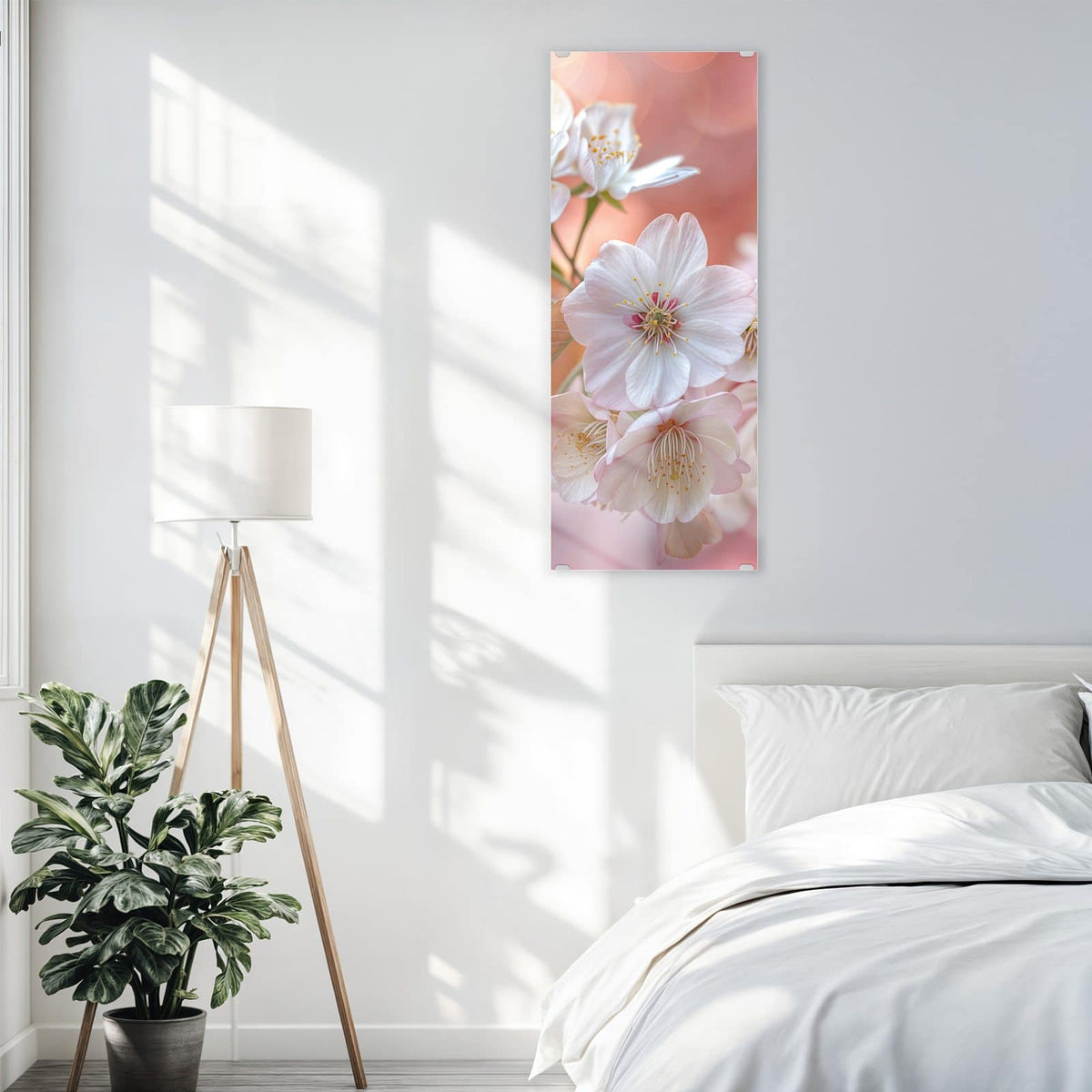 Glasbild Blüten mit Bronzelaub an der Wand – Weiße Kirschblüten mit bronzefarbenen jungen Blättern vor pfirsichfarbenem Bokeh.