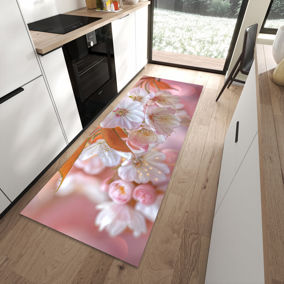 Langlebiger Küchenläufer mit Motiv Blühende Blüten in moderner Küche