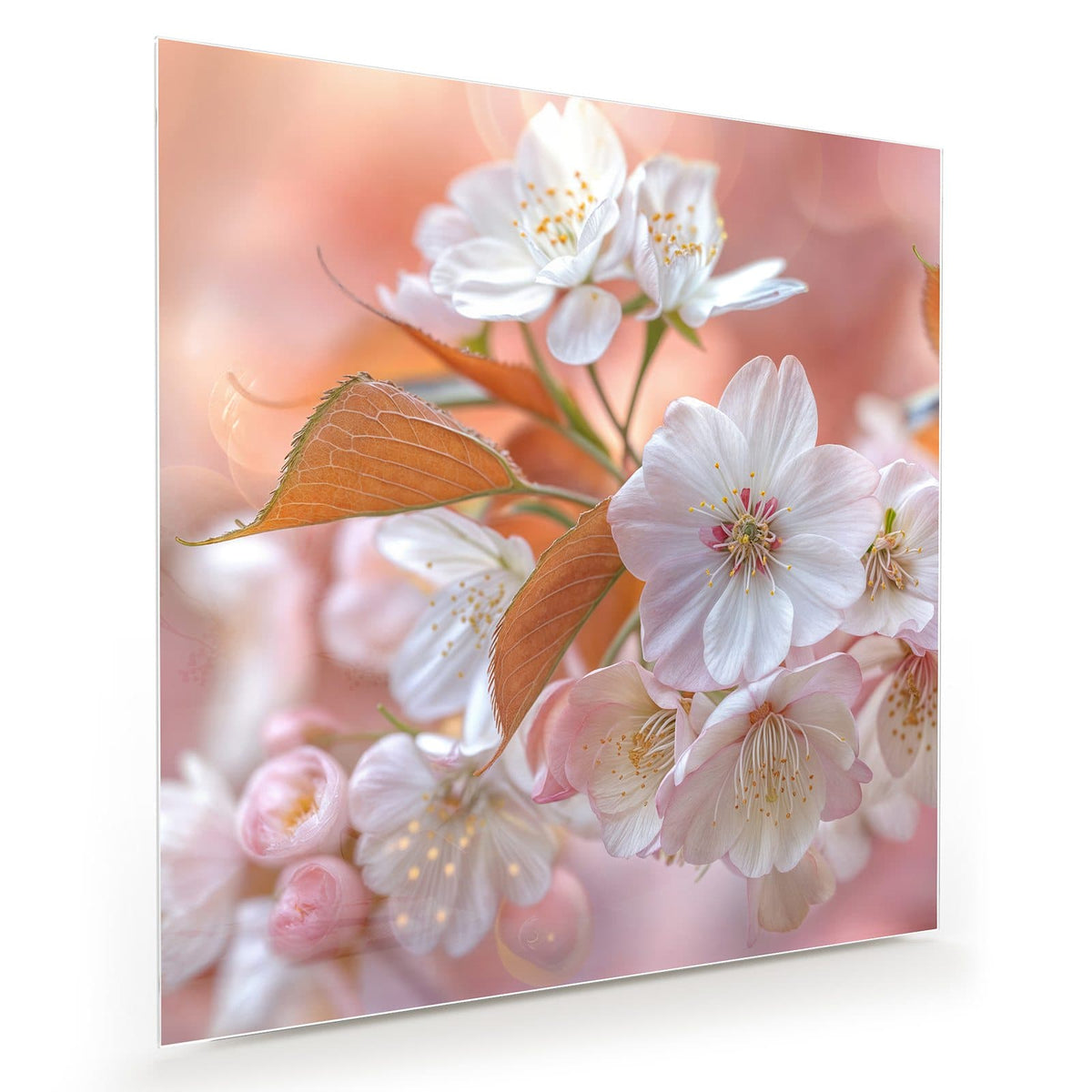 Weiße Kirschblüten mit bronzefarbenen jungen Blättern vor pfirsichfarbenem Bokeh.
