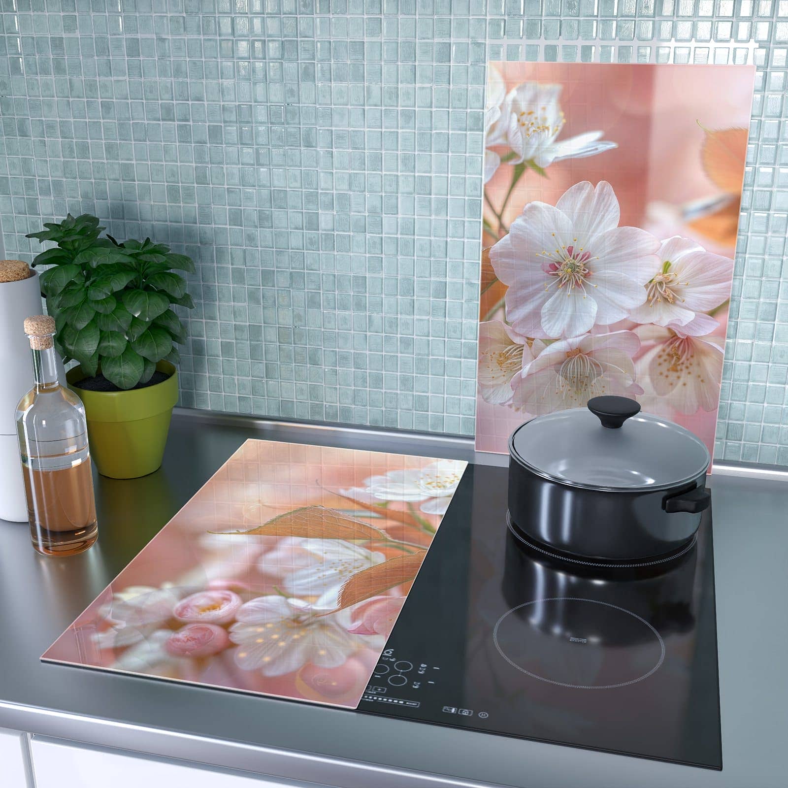 1-teilige Herdabdeckplatte aus Glas mit Üppige Blütenpracht-Motiv als Spritzschutz hinter dem Kochfeld