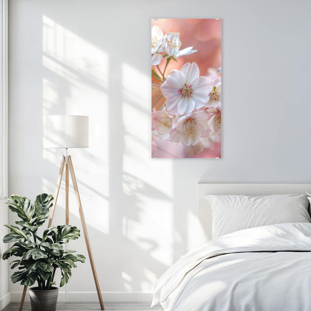 Glasbild Blüten mit Bronzelaub an der Wand – Weiße Kirschblüten mit bronzefarbenen jungen Blättern vor pfirsichfarbenem Bokeh.