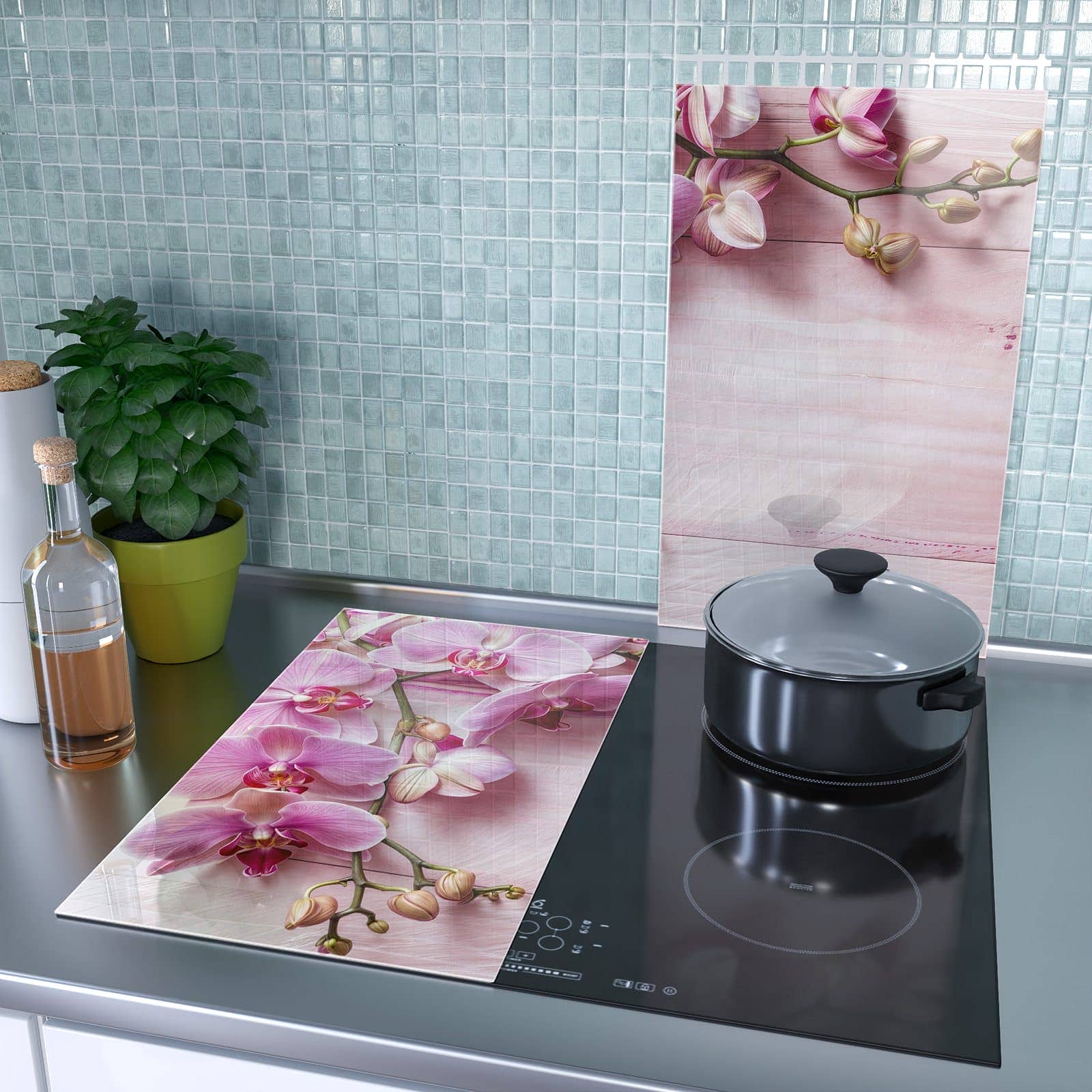 2-teilige Herdabdeckplatte aus Glas mit Orchideen Holz Hintergrund-Motiv als Spritzschutz hinter dem Kochfeld