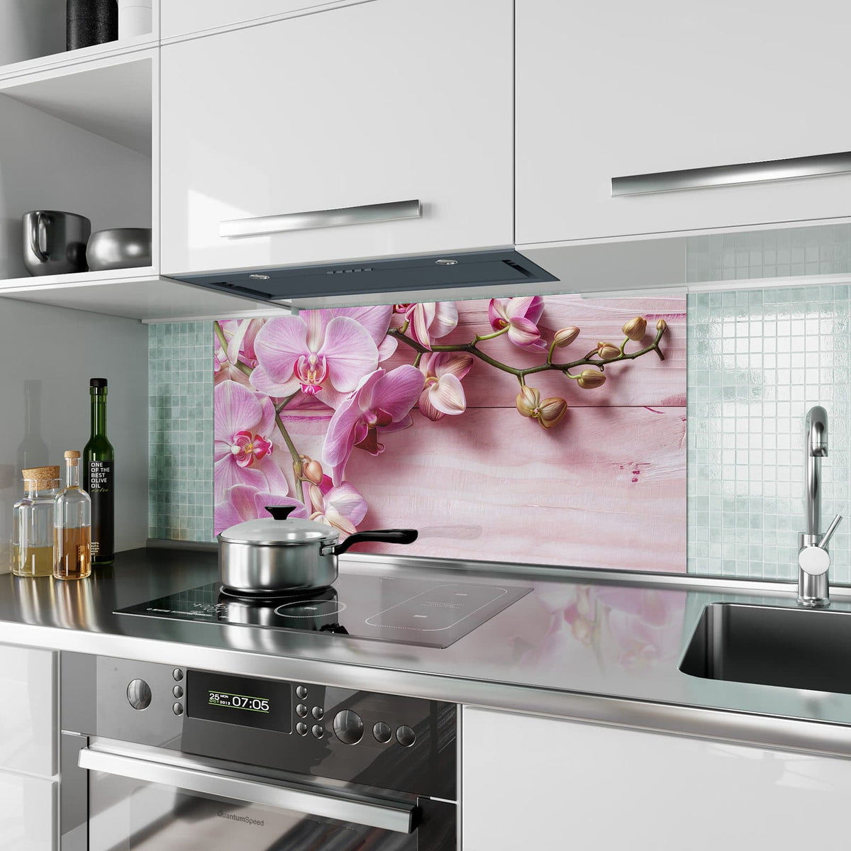 Küchenrückwand aus Glas Rosa Orchideenzweig im Hochformat als Spritzschutz hinter dem Kochfeld, über dem Fliesenspiegel montiert