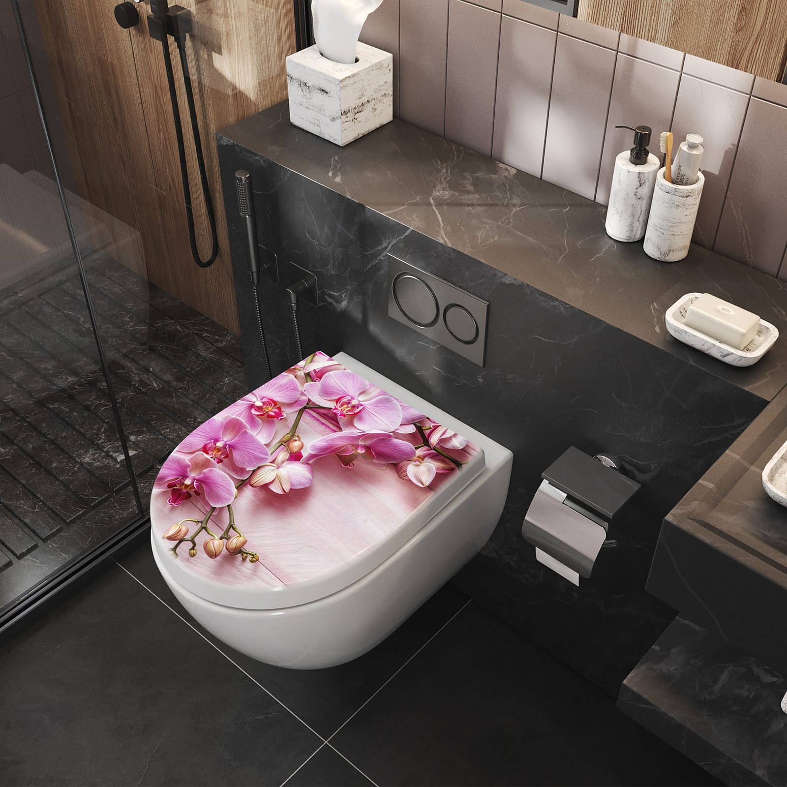 WC-Sitz mit Absenkautomatik Orchideen Holz Hintergrund