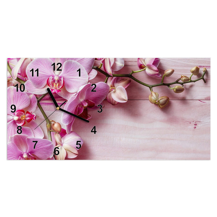 Wanduhr Orchideen Holz Hintergrund aus Glas – Querformat 60 × 30 cm mit Ziffernblatt Modern