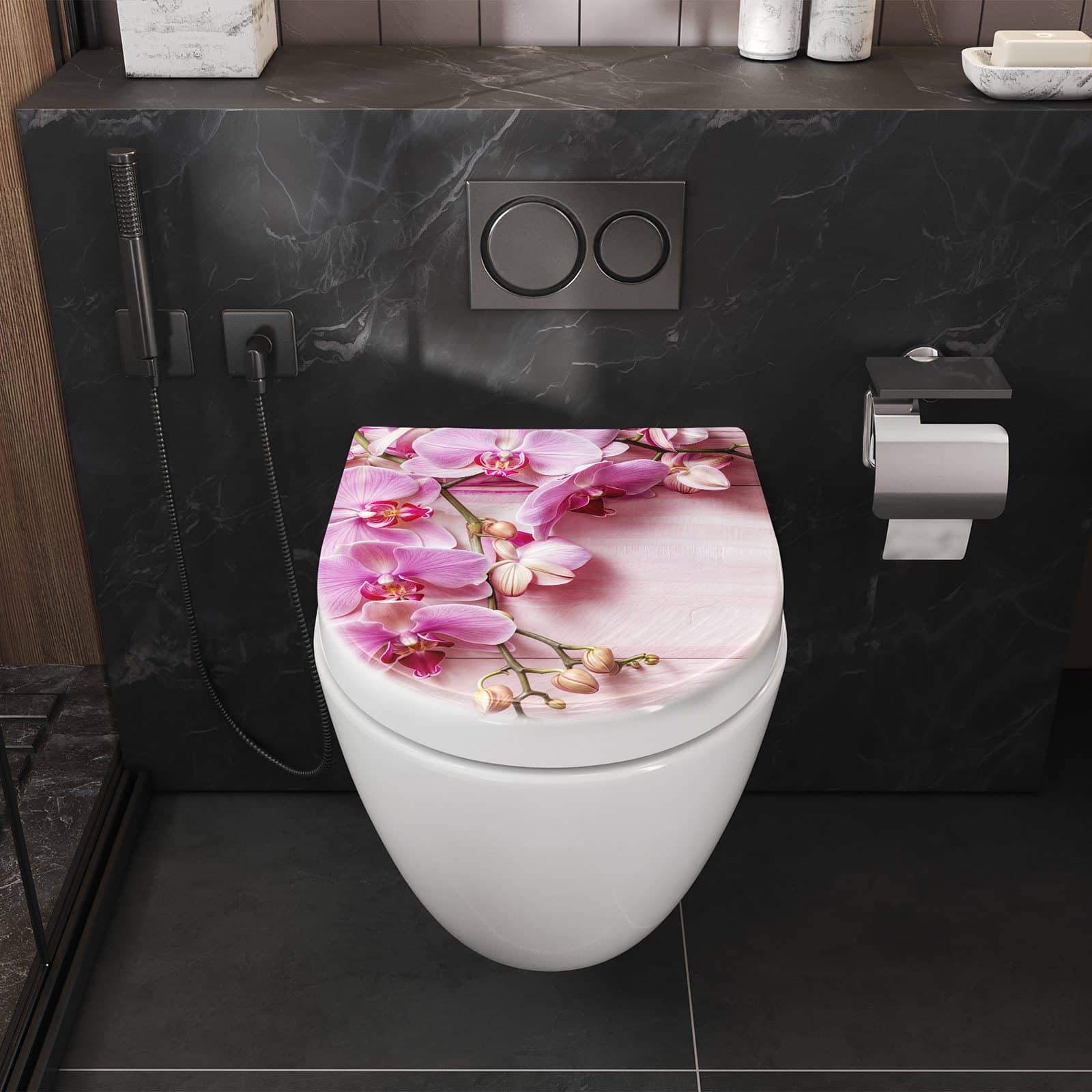WC-Sitz mit Absenkautomatik Orchideen Holz Hintergrund