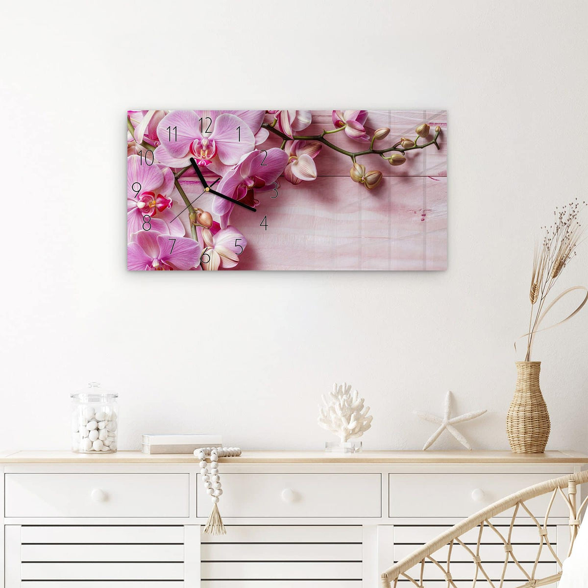 Wanduhr Orchideen Holz Hintergrund aus Glas – Querformat 60 × 30 cm – Rosa Orchideen auf Pastellholz