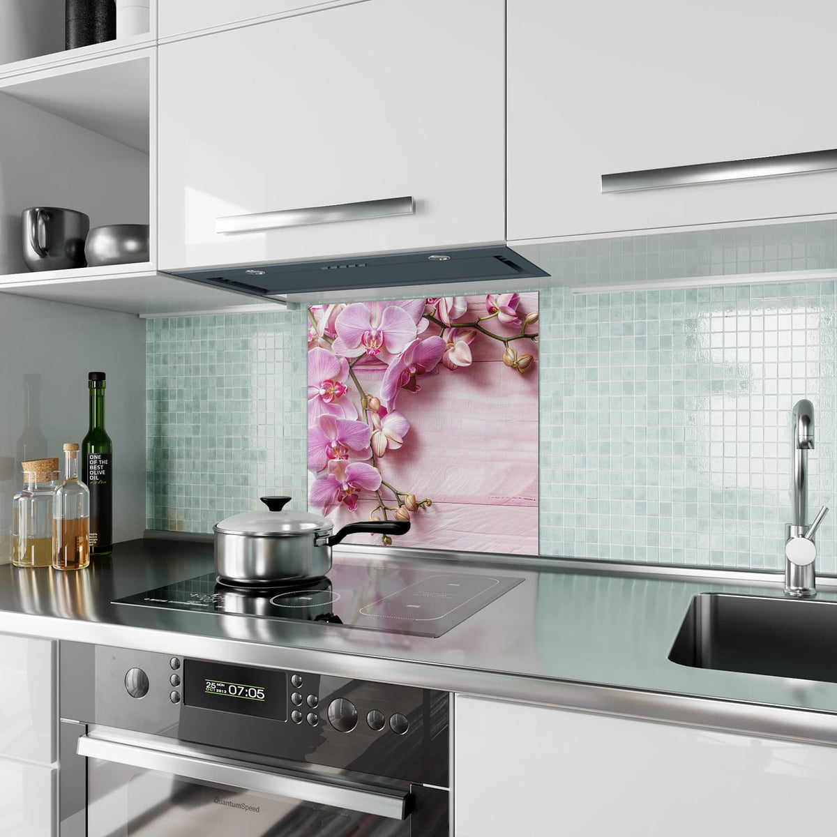 Küchenrückwand Rosa Orchideenzweig aus Glas – Rosa Orchideen auf Pastellholz
