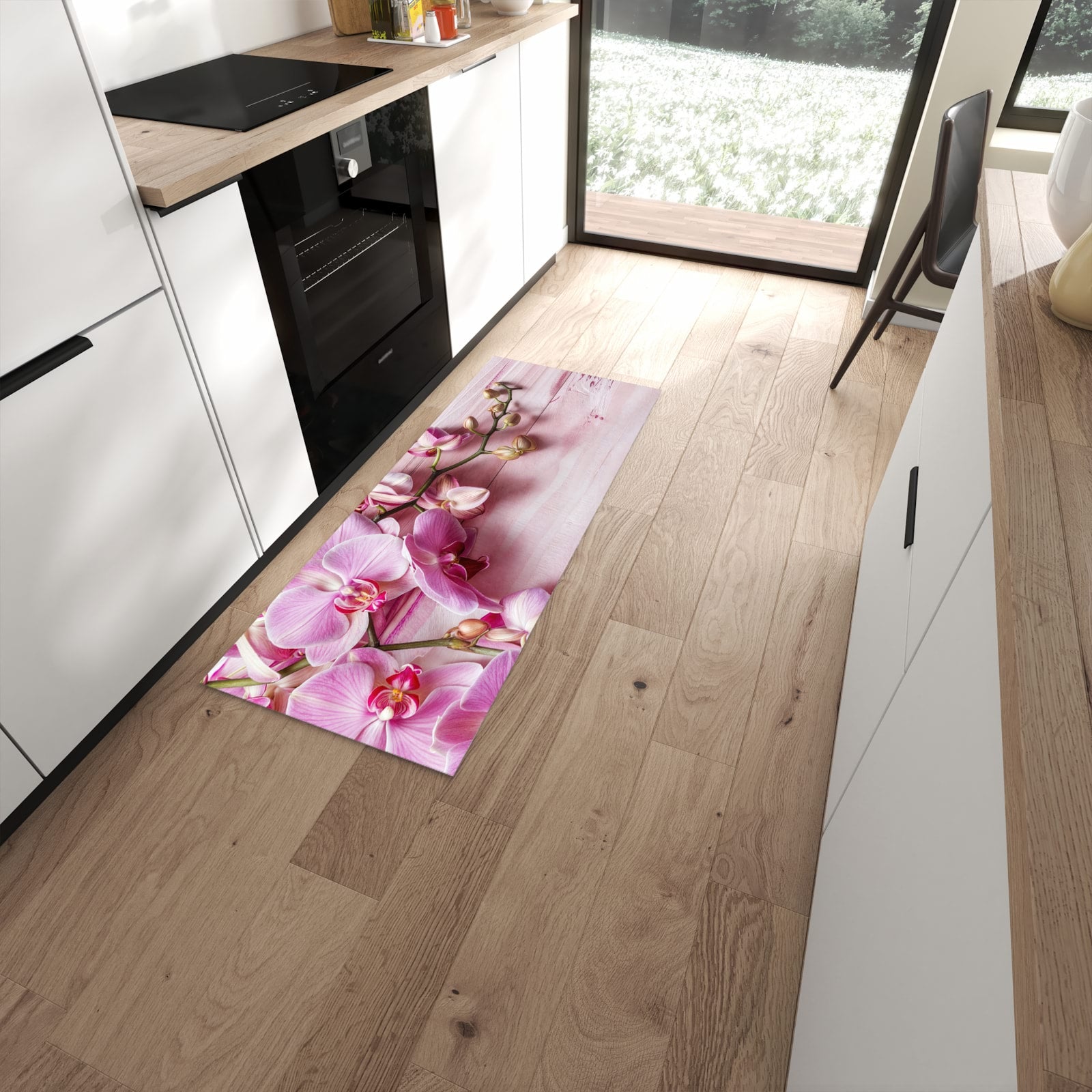 Waschbarer Küchenläufer mit Motiv Orchideen Holz Hintergrund für Ordnung in moderner Küche #grösse_60 x 150 cm