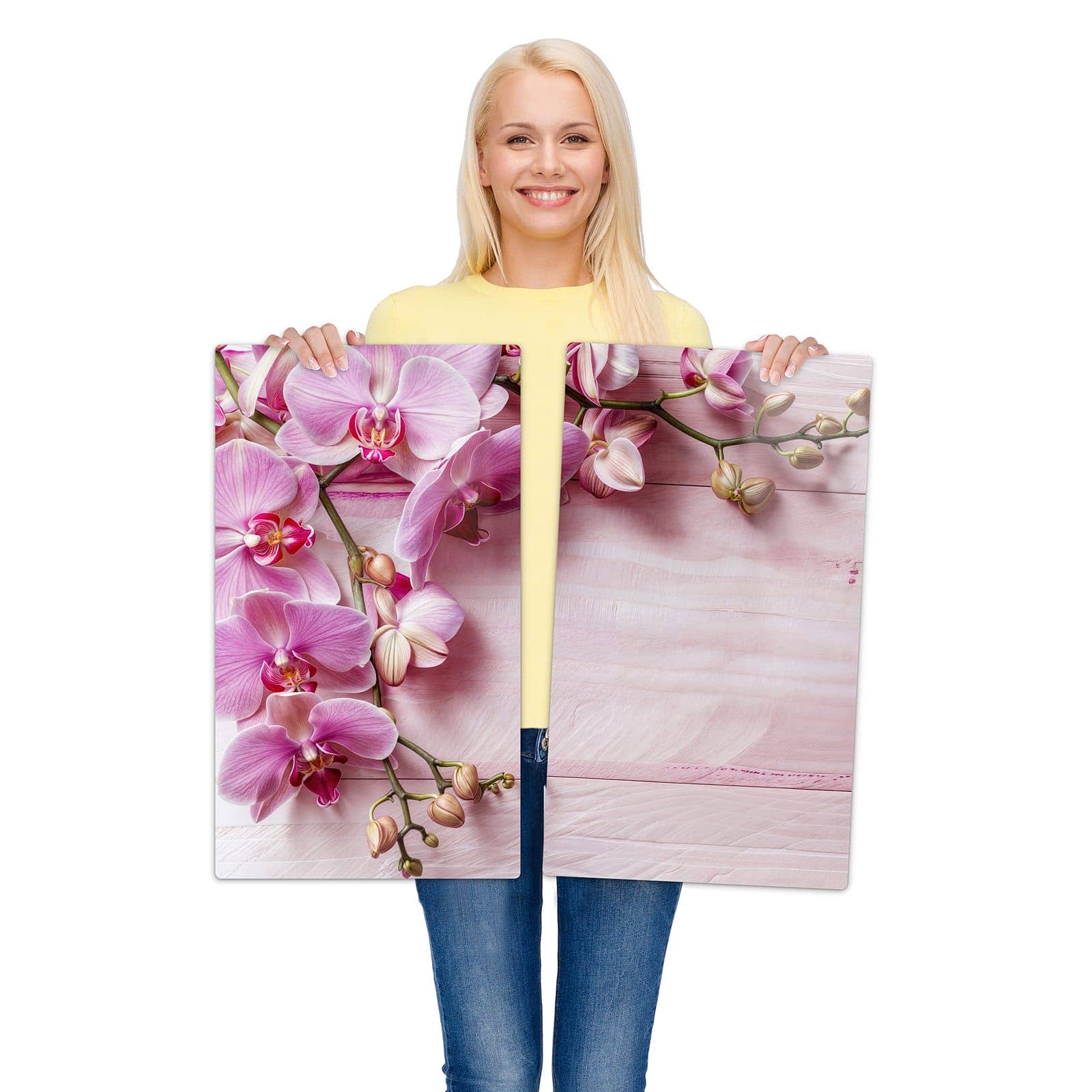 2-teilige Herdabdeckplatte Induktion mit Orchideen Holz Hintergrund-Motiv wird zur Größendarstellung gehalten