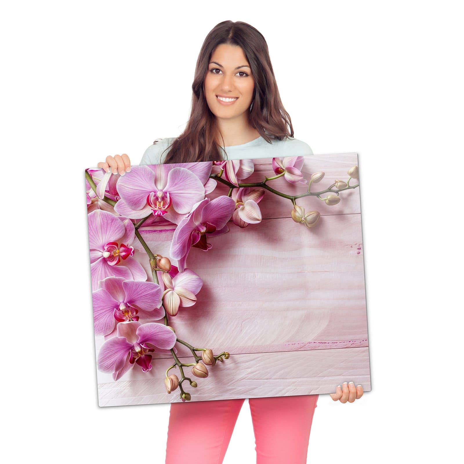 Abdeckplatte für Ceranfeld mit Orchideen Holz Hintergrund-Motiv wird zur Größendarstellung gehalten