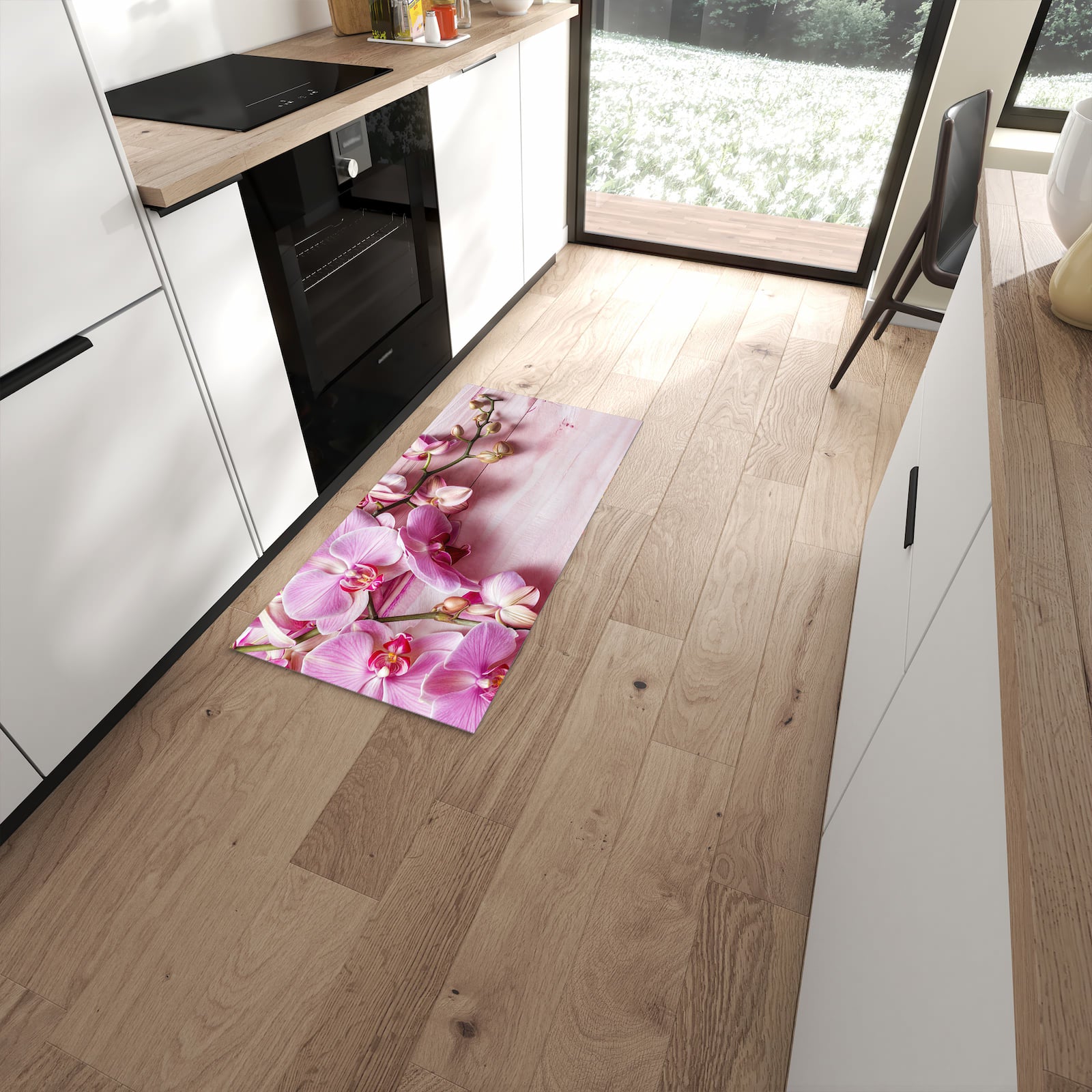 Bodenschonender rutschfester Küchenläufer mit Motiv Orchideen Holz Hintergrund in moderner Küche #grösse_60 x 120 cm