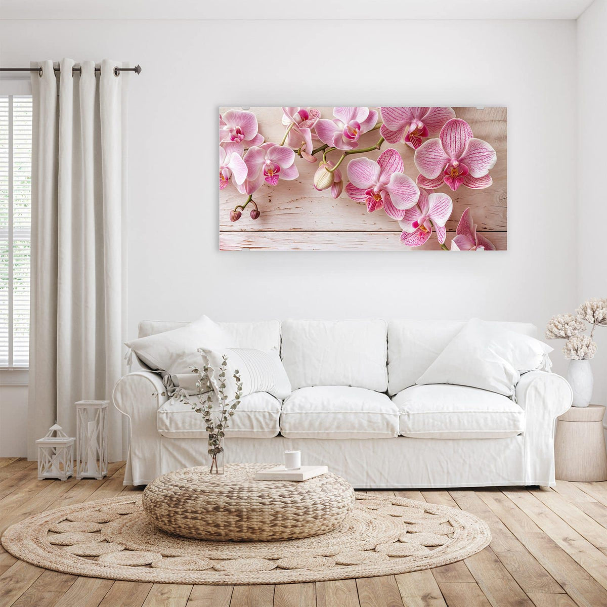 Wandbild - Orchideen auf Rosa - Querformat – Rosa Orchideen auf hellem Holz