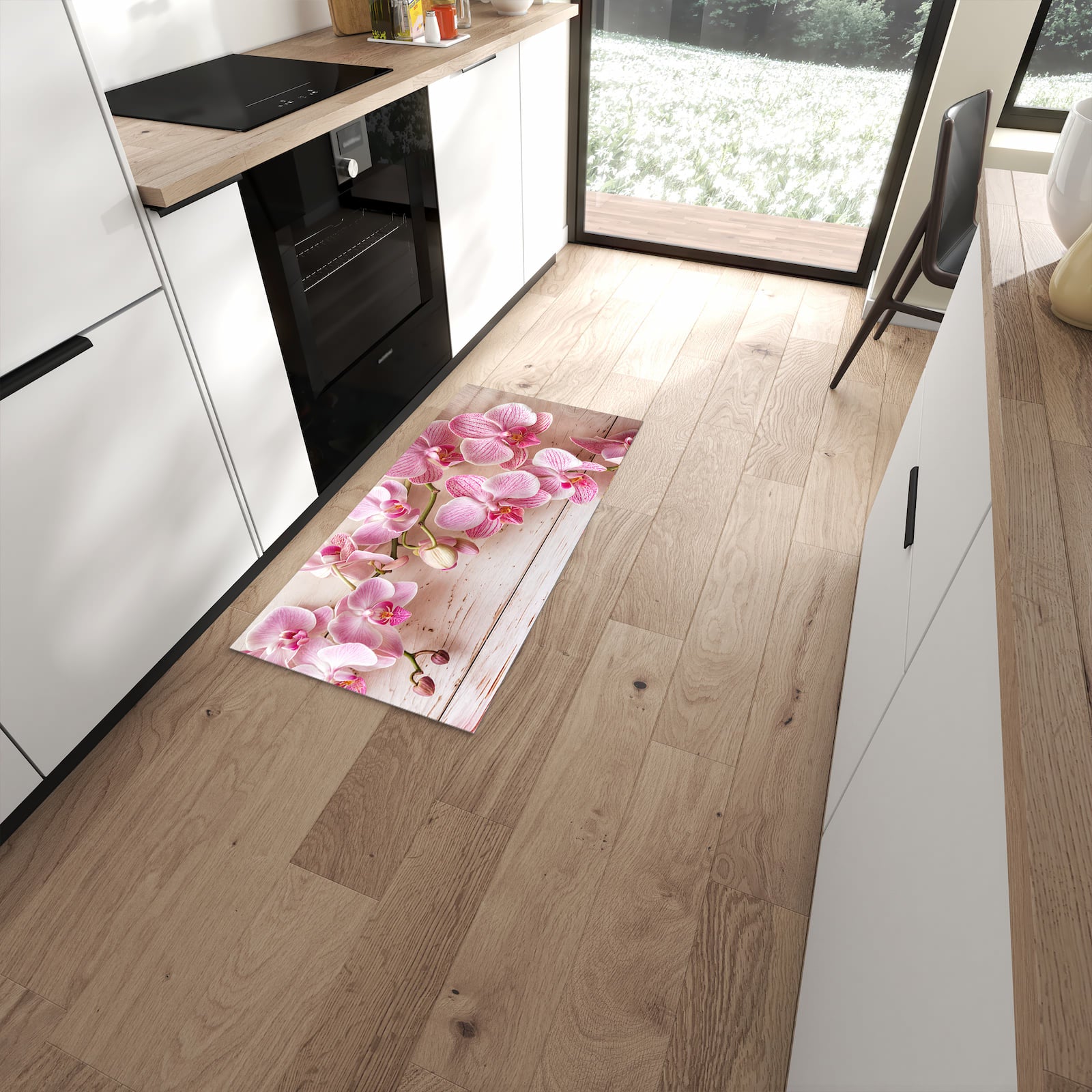Langlebiger Küchenteppich mit Motiv Orchideen_tabletop in moderner Küche #grösse_60 x 120 cm