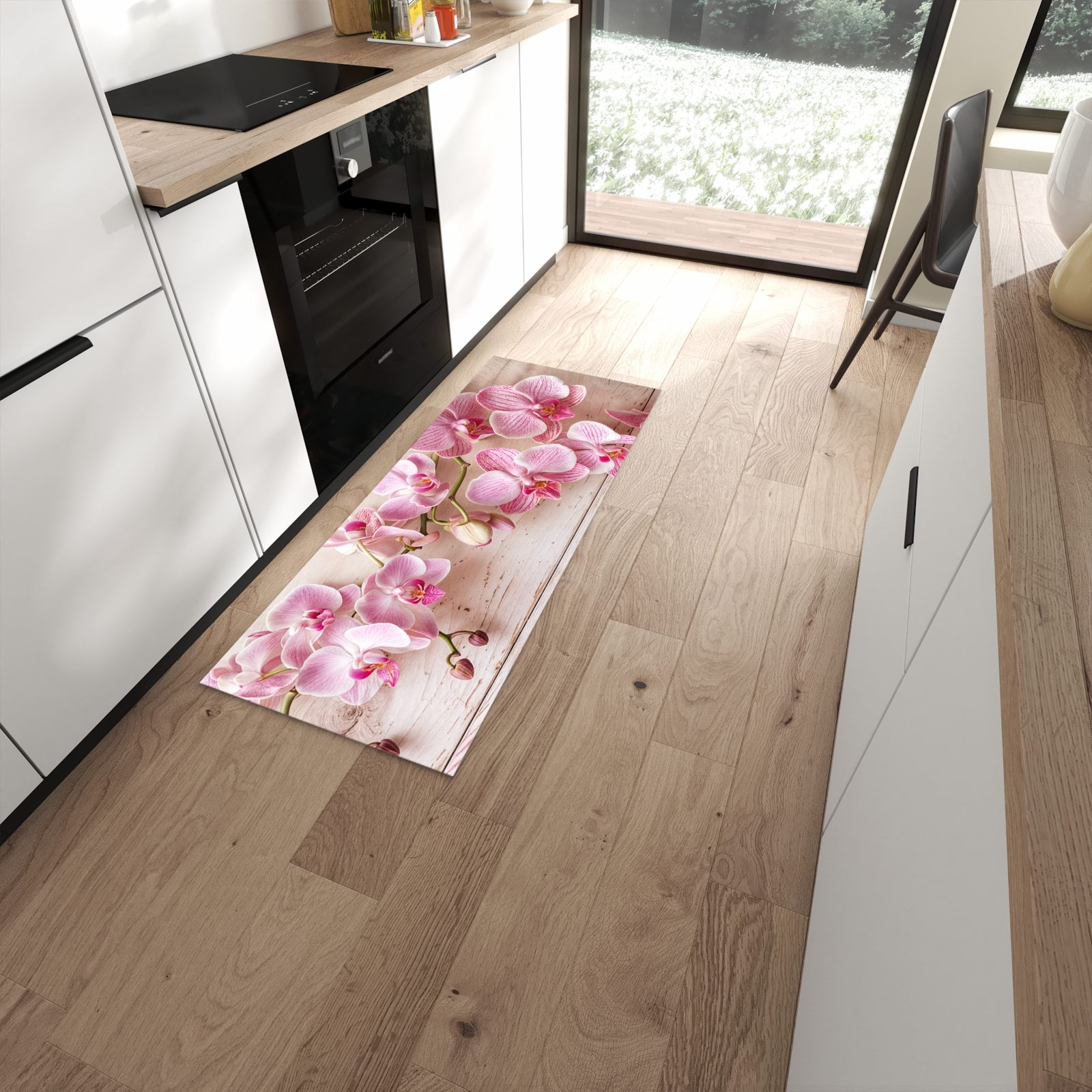 Flacher Küchenteppich mit Motiv Orchideen_tabletop in moderner Küche für rutschfesten Stand #grösse_60 x 150 cm